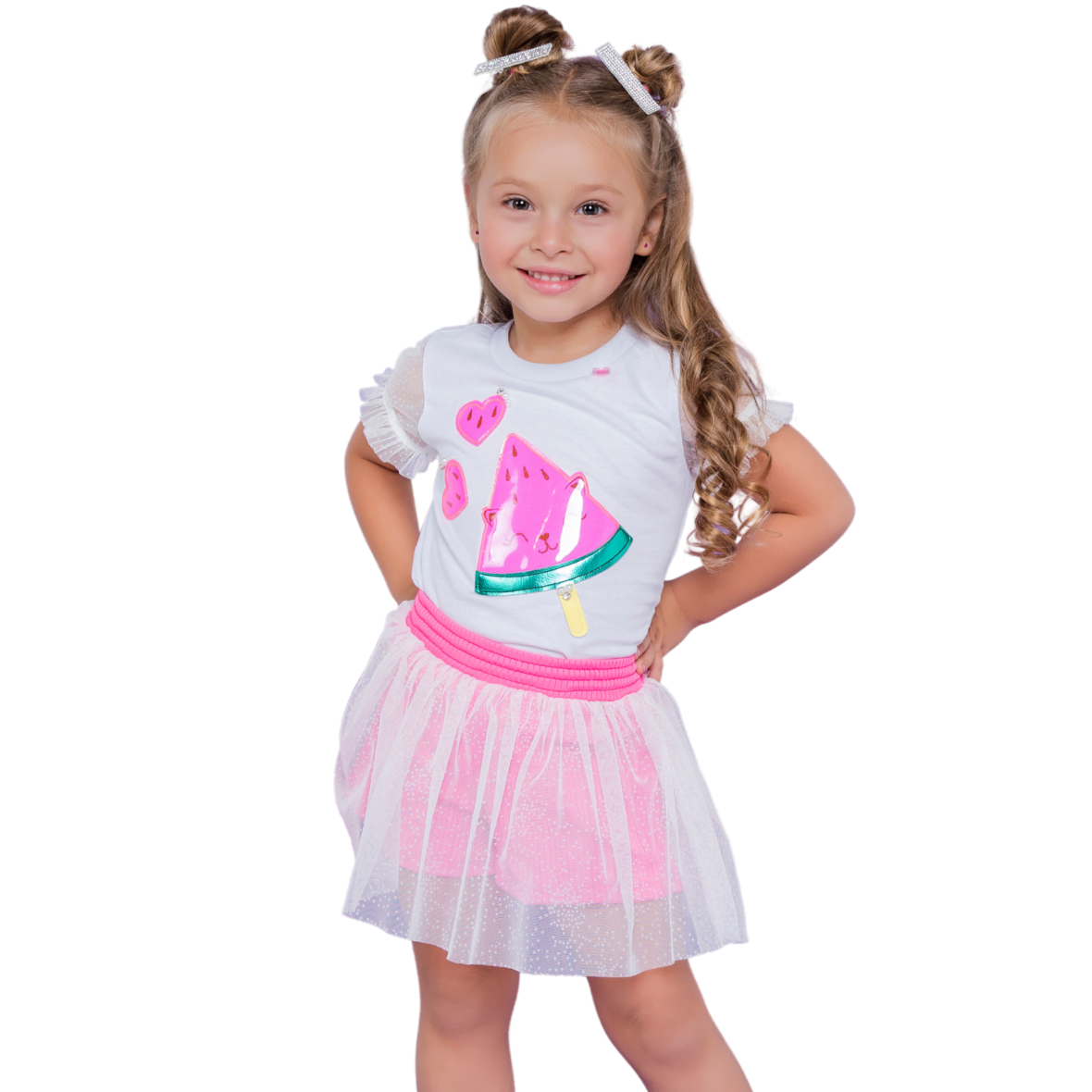 Conjunto Infantil Saia Tule Melancia Gabriela Aquarela