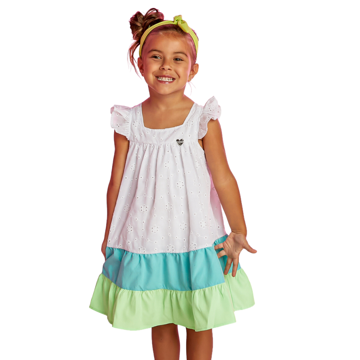 Vestido Infantil em Laise Branco e Azul Gabriela Aquarela