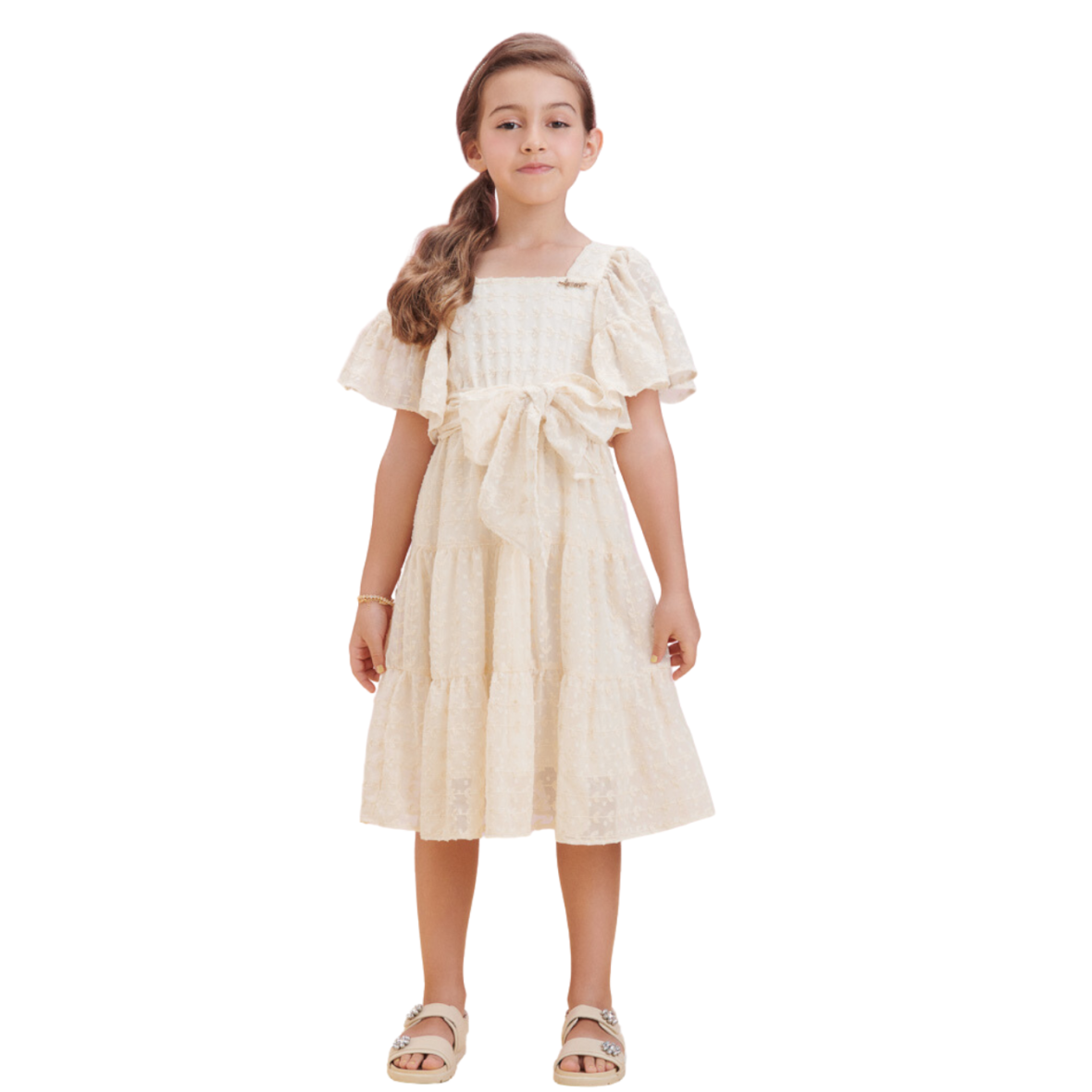 Vestido Infantil Off-White em Tule com Laço Animê