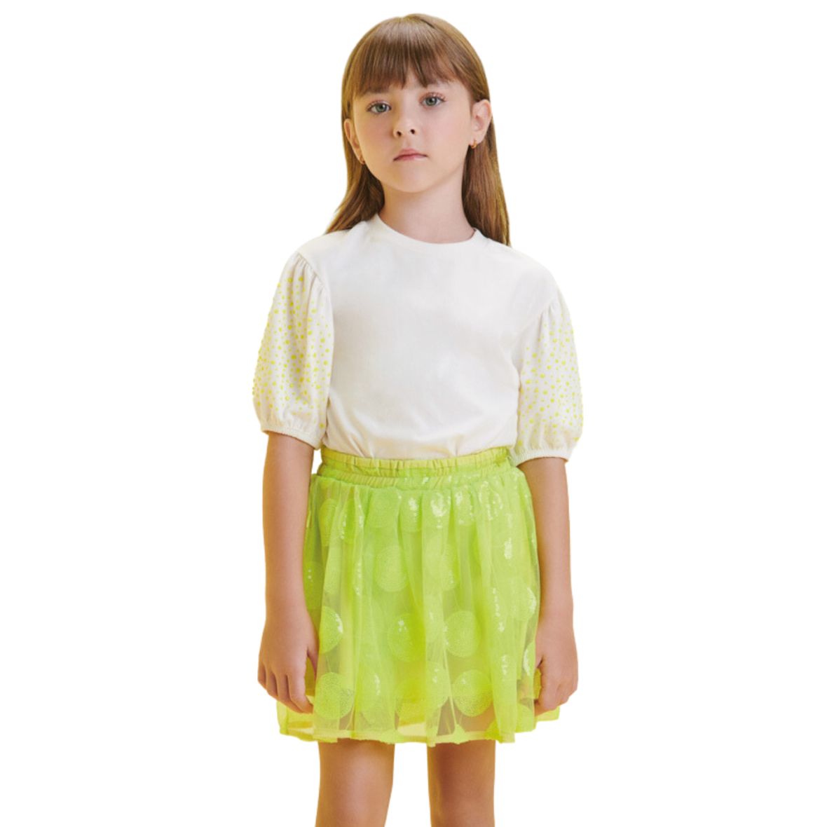 Conjunto Infantil Blusa e Saia Paetês Verde Neon Animê