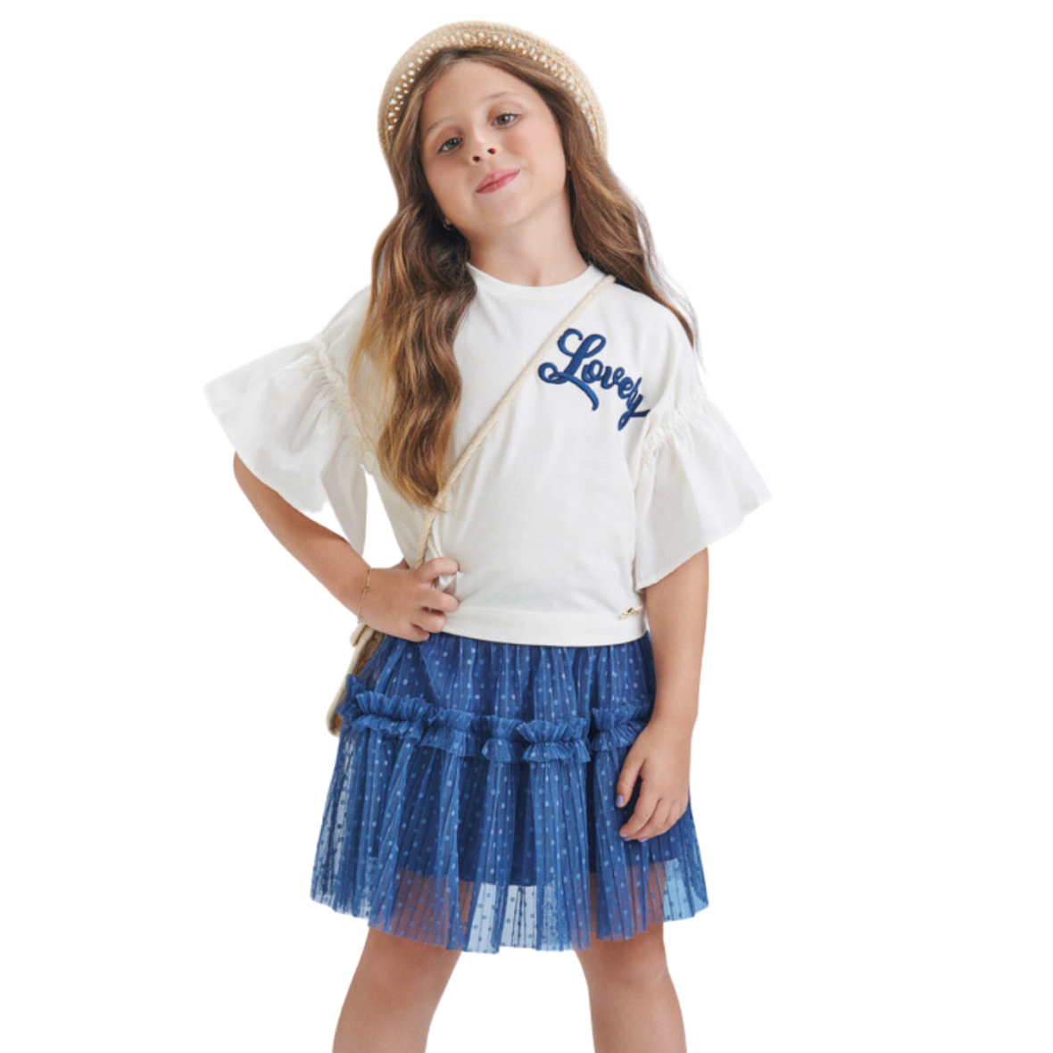 Conjunto Infantil Blusa Lovely e Saia Azul Animê