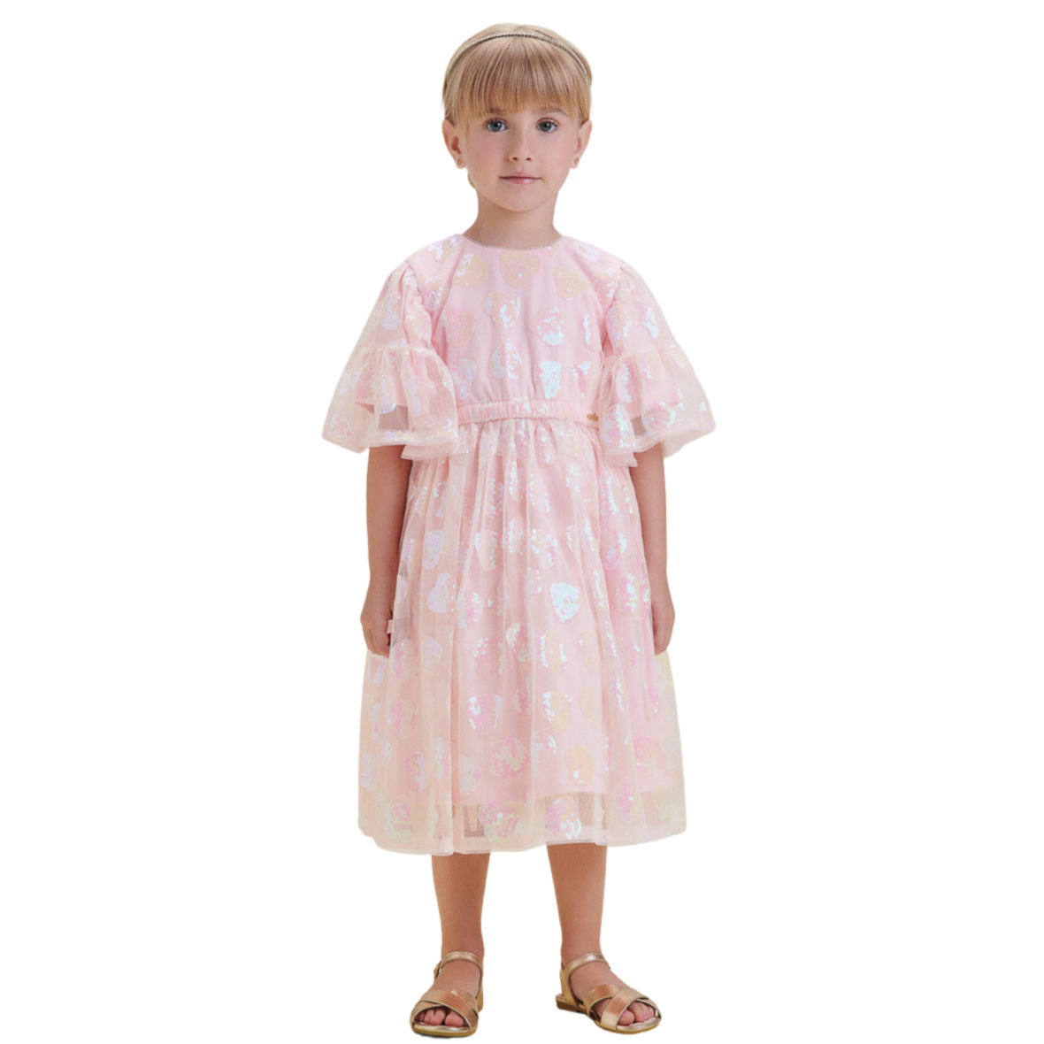 Vestido Infantil Tule Corações Rosa Animê