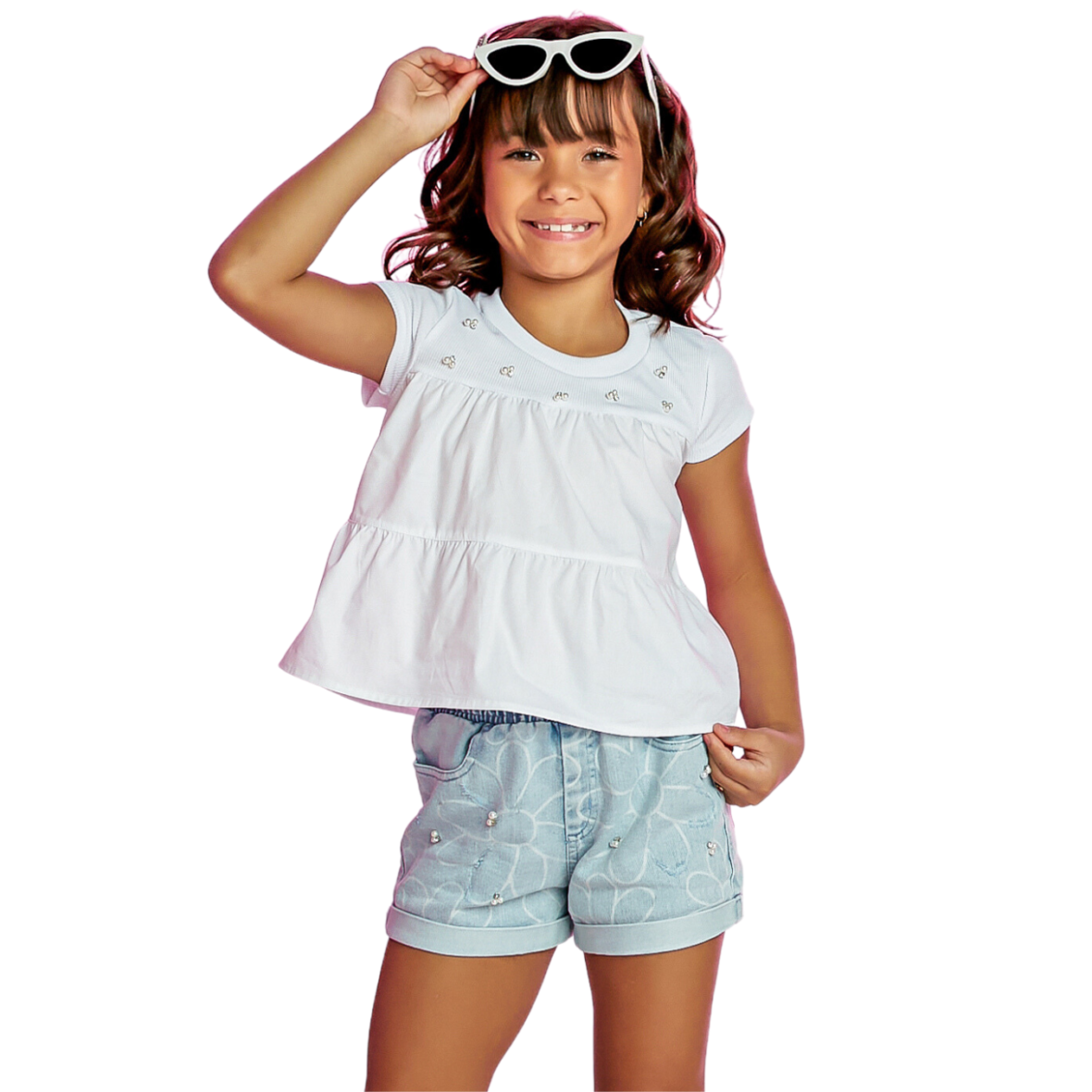 CONJUTO INFANTIL SHORT JEANS E BATA GABRIELA AQUARELA