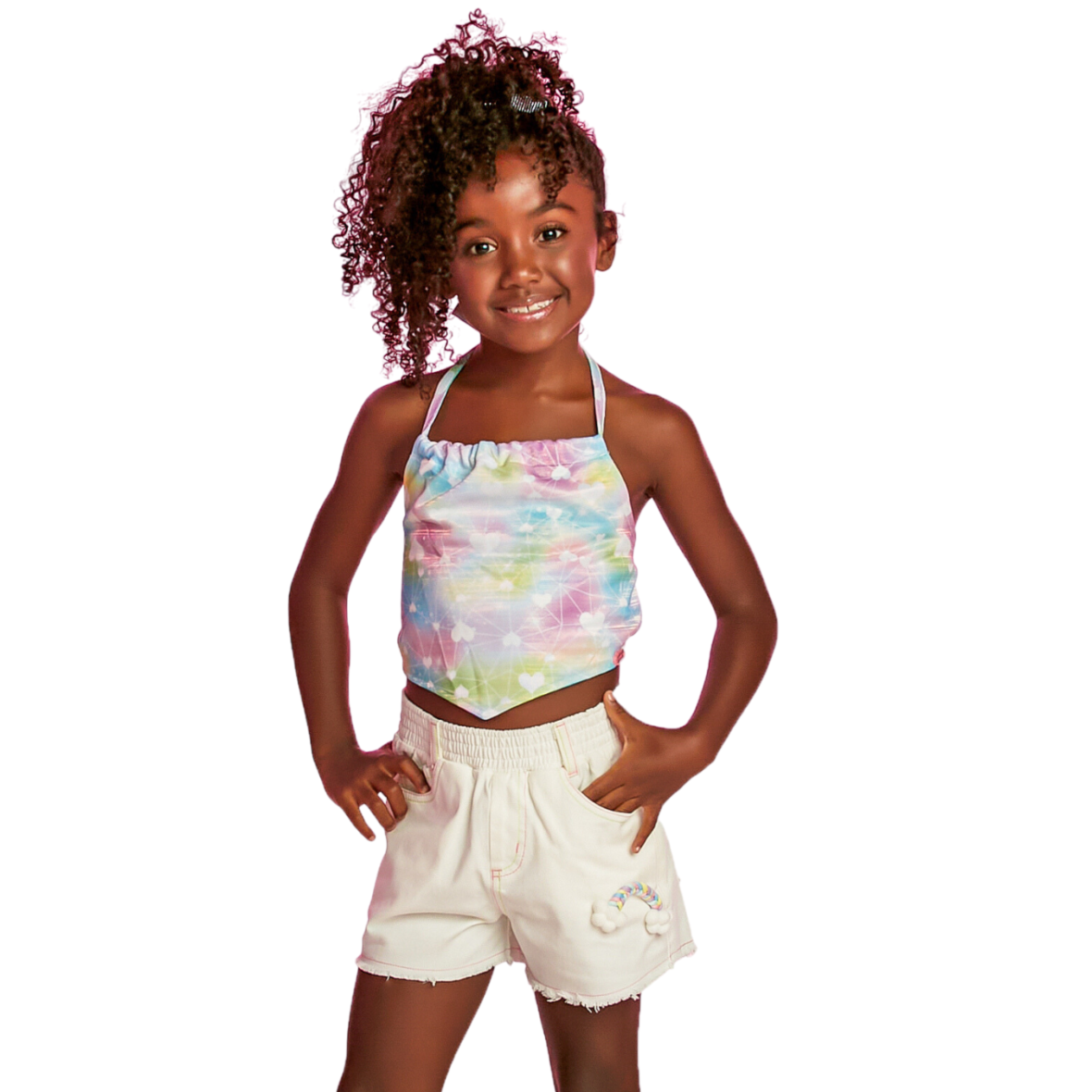 Conjunto Infantil Cropped Estampado e Short em Sarja Gabriela Aquarela