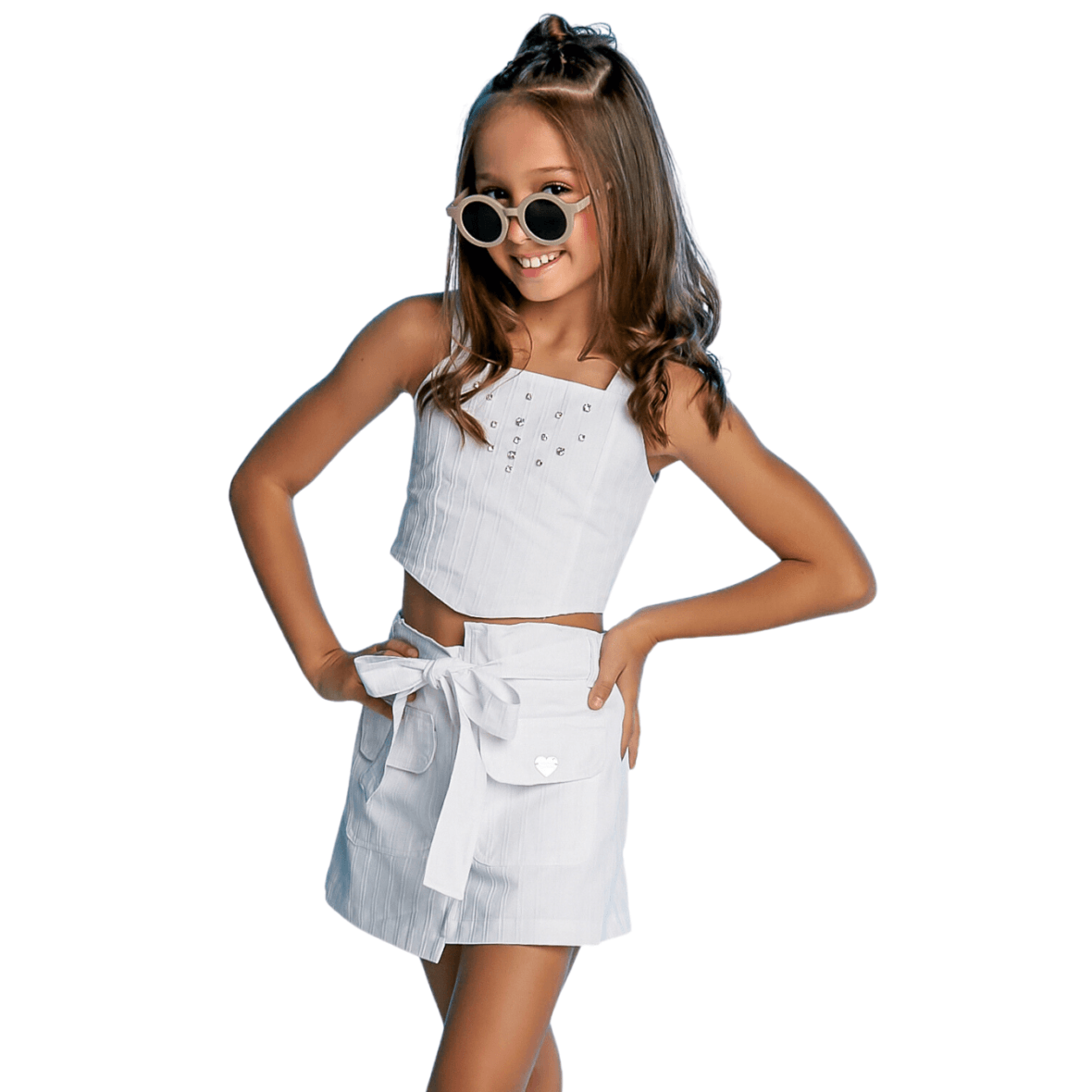 Conjunto Infantil Saia Short e Cropped Branco Gabriela Aquarela