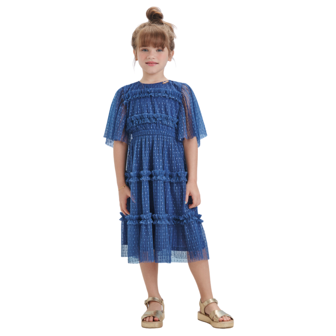 Vestido Infantil Tule Poás Azul Marinho Animê