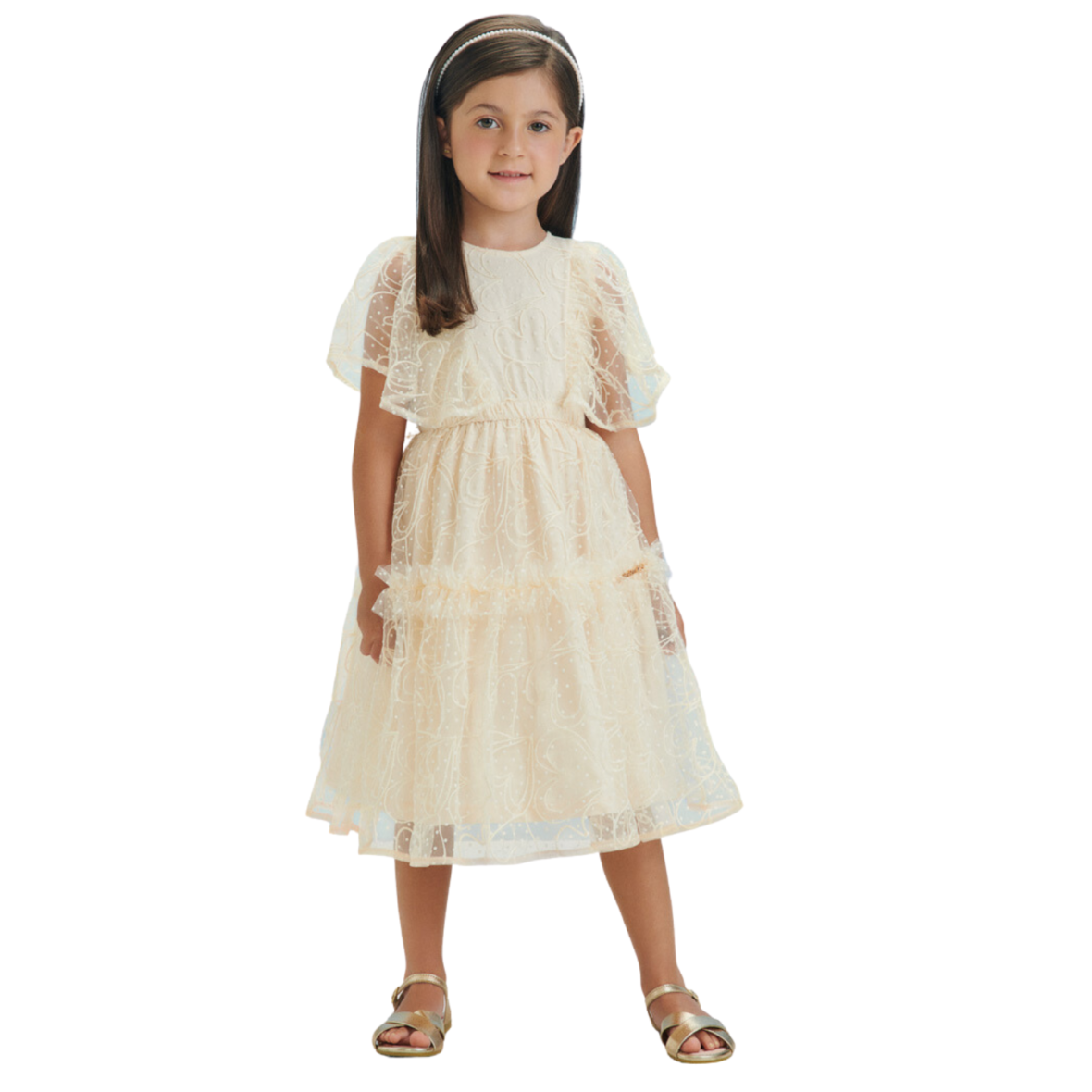 Vestido Infantil Tule Coração Bege Animê