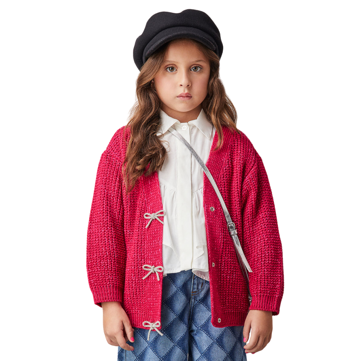 Cardigan Infantil de Tricot Rosa com Laço Animê