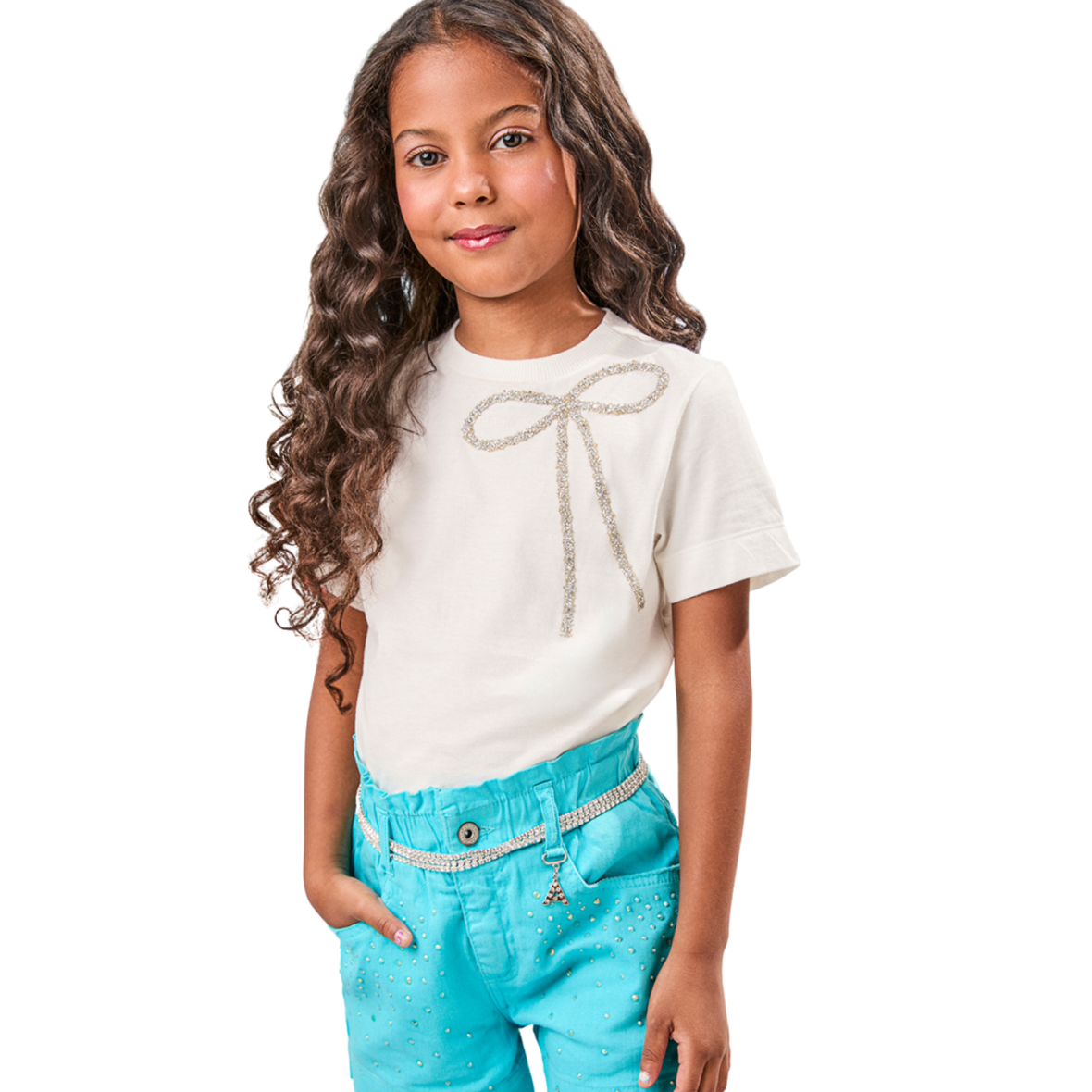 Blusa Infantil Off White com Laço de Strass Animê