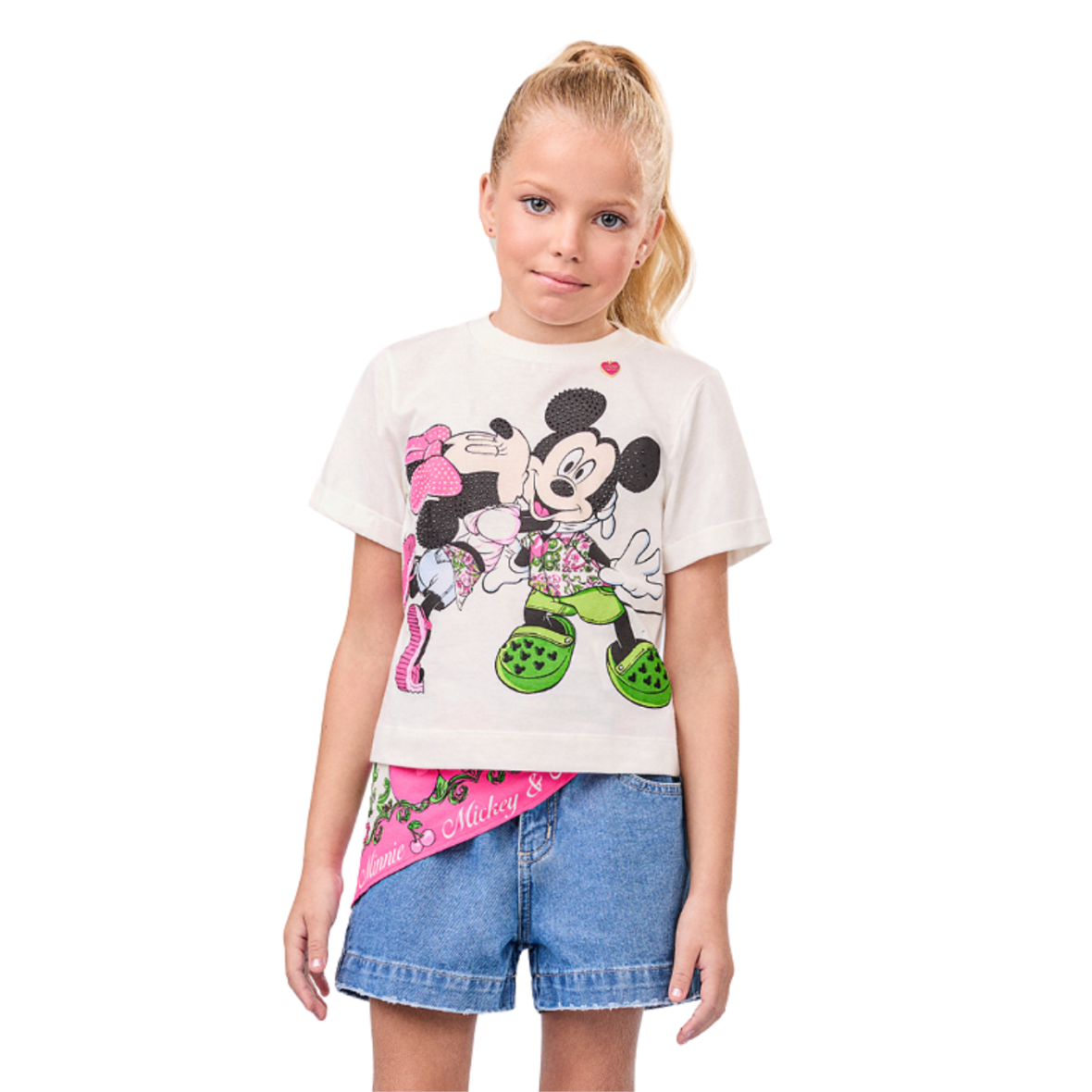 Short Jeans da Minnie com Lenço Estampado Animê