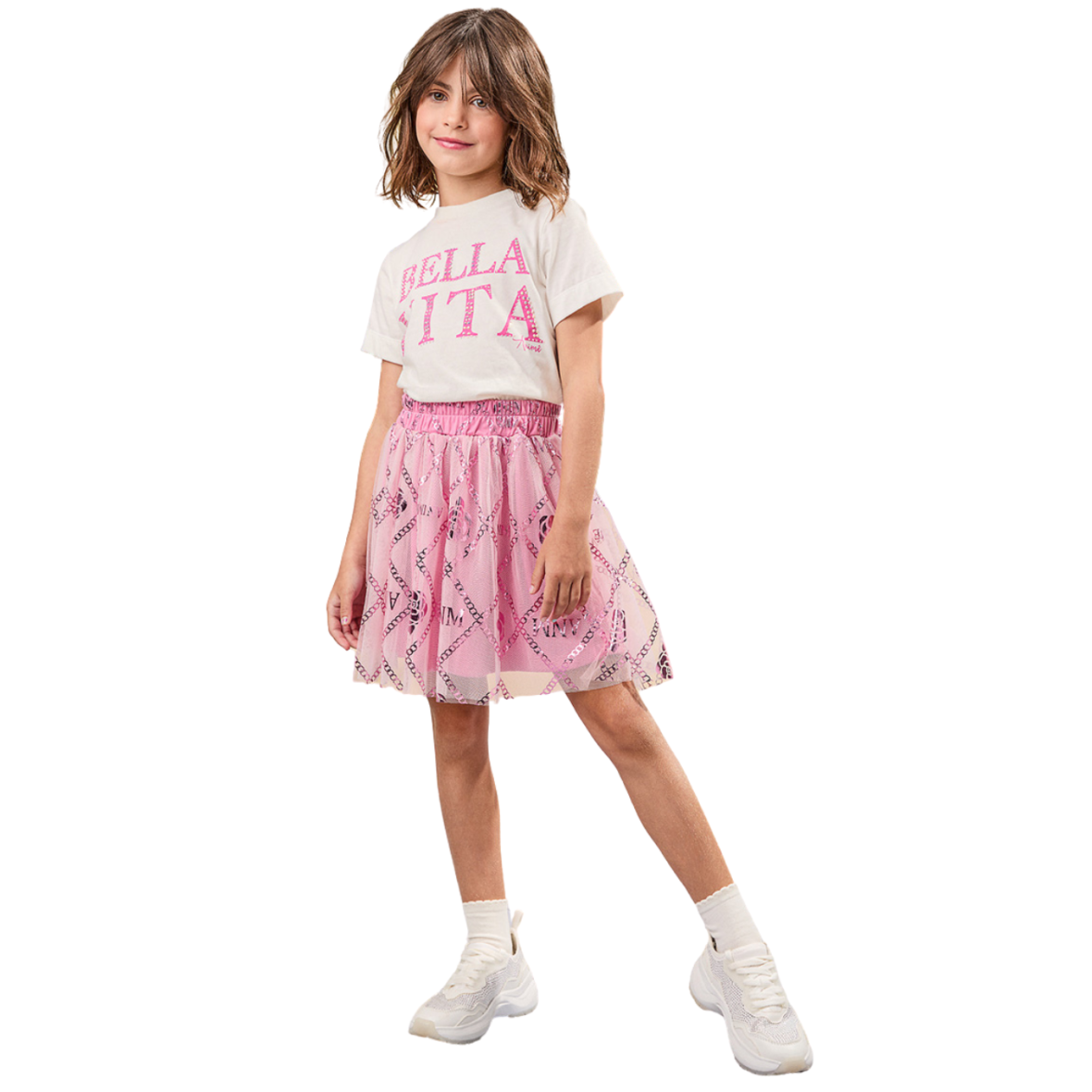 Conjunto Infantil Blusa Bella Vita com Saia de Tule Animê