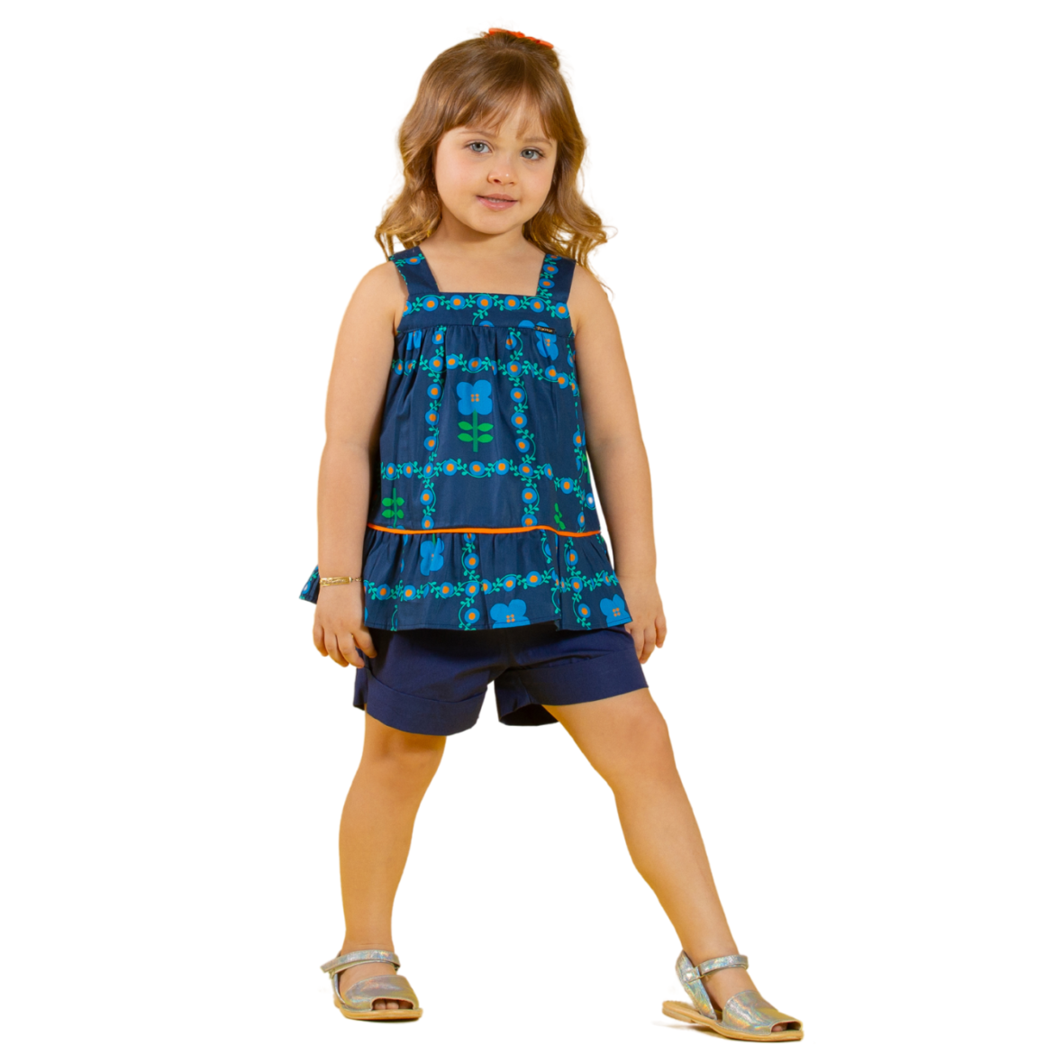 Conjunto Infantil Estampa Quadriculado Florido Azul Precoce