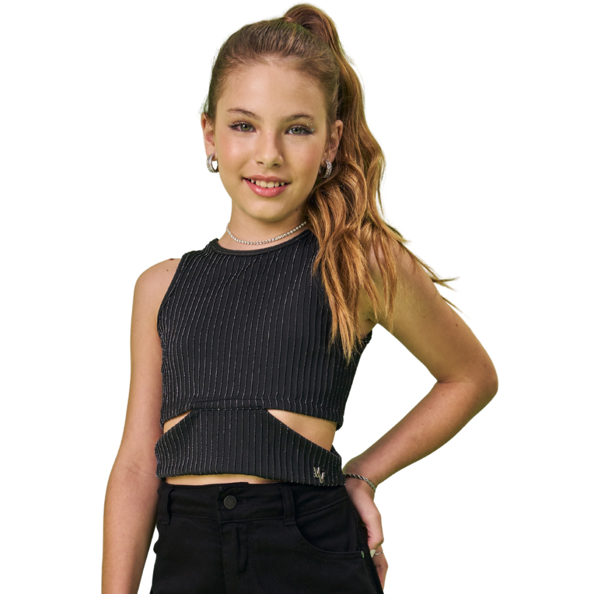 Blusa Juvenil Cropped em Malha Plissada Shine Vic&Vicky