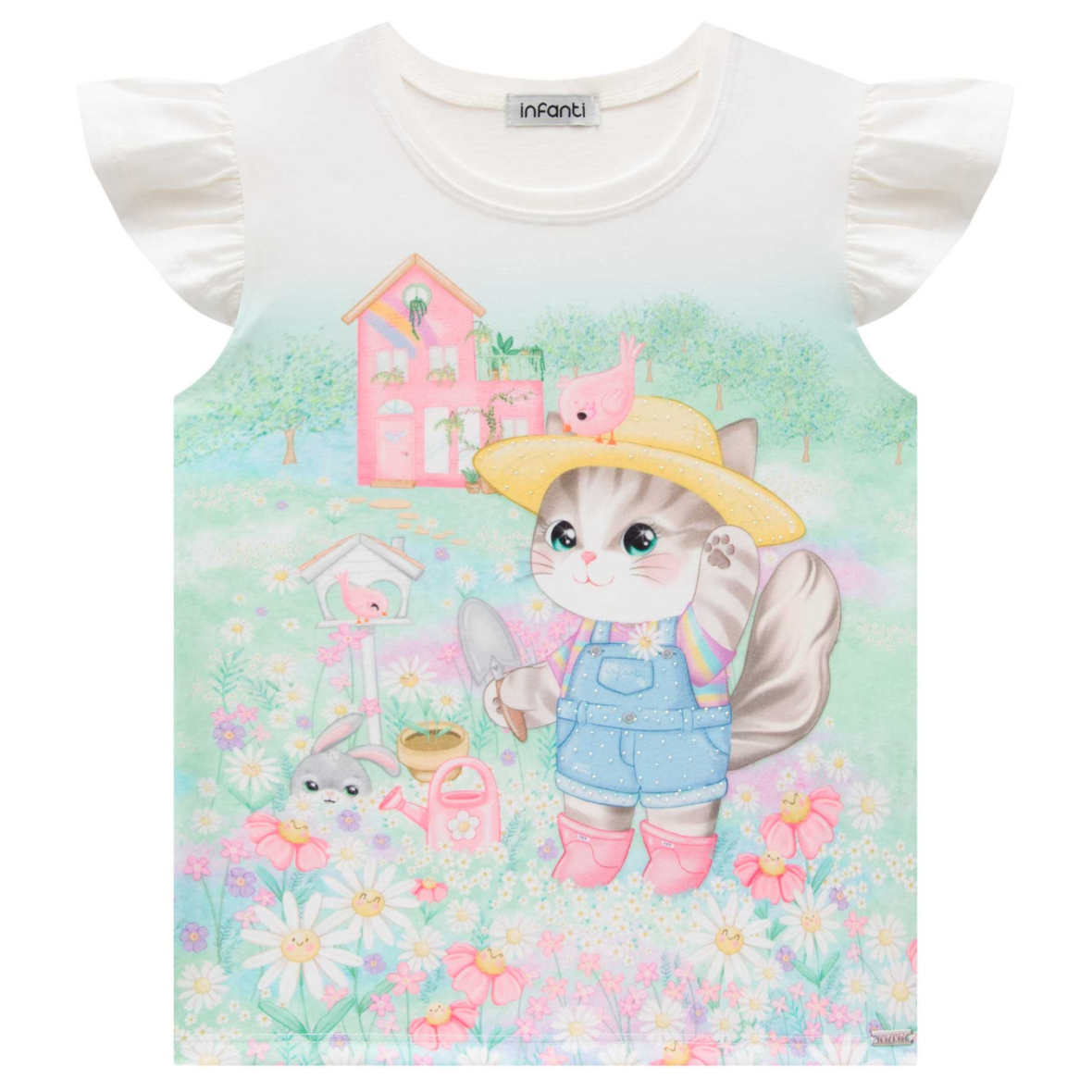 Blusa Infantil em Meia Malha Estampa Gatinha Infanti