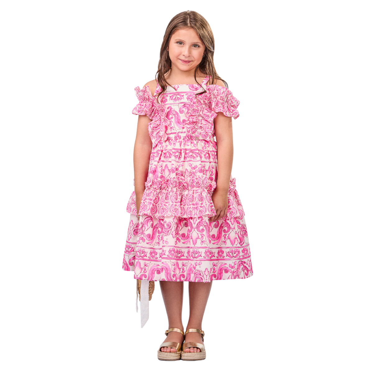 Vestido Infantil Rosa com Estampa de Azulejo Animê