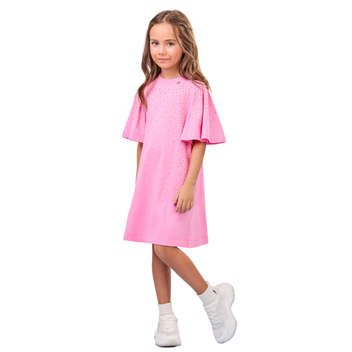 Vestido Infantil Rosa com Mangas Amplas e Strass Animê