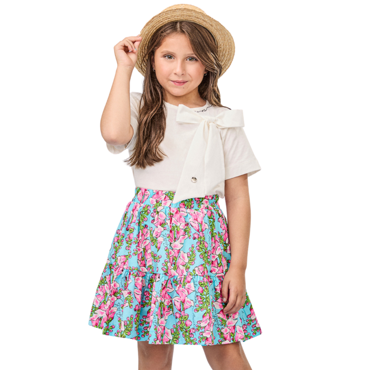 Conjunto Infantil com Laço e Estampa Floral Animê