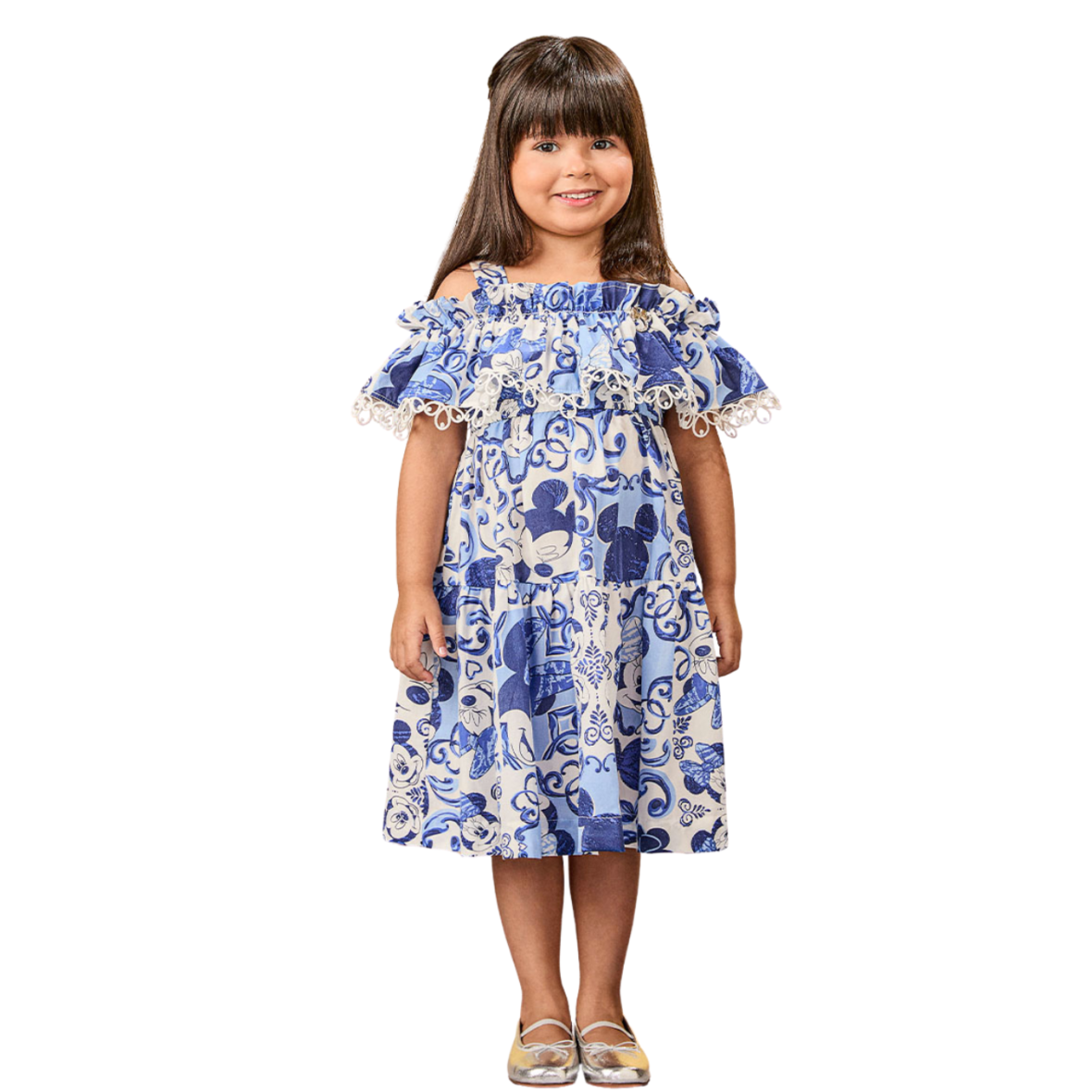 Vestido Infantil Azul de Azulejos da Disney com Babado Animê