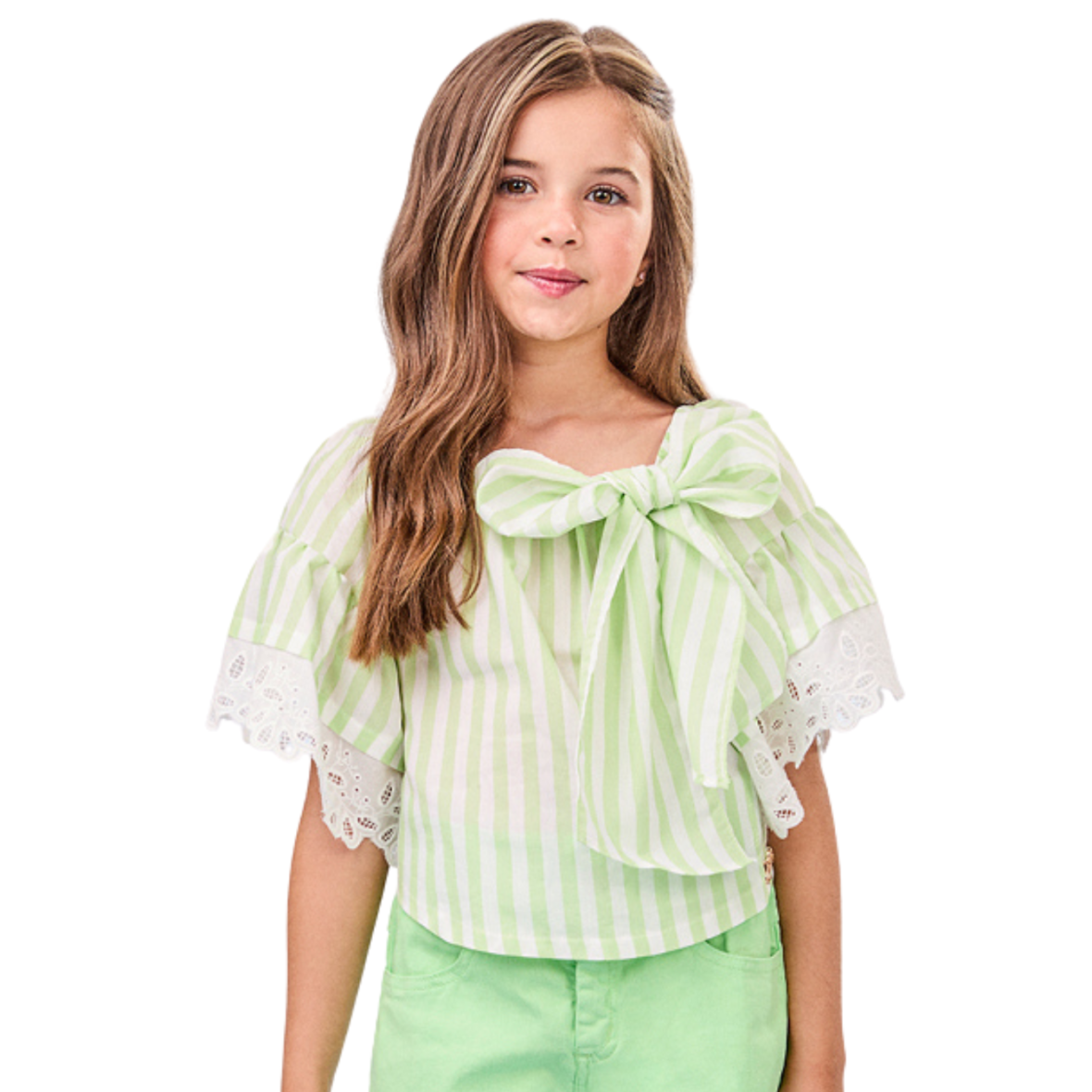 Blusa Infantil Verde Listrada com Bordado Inglês Animê