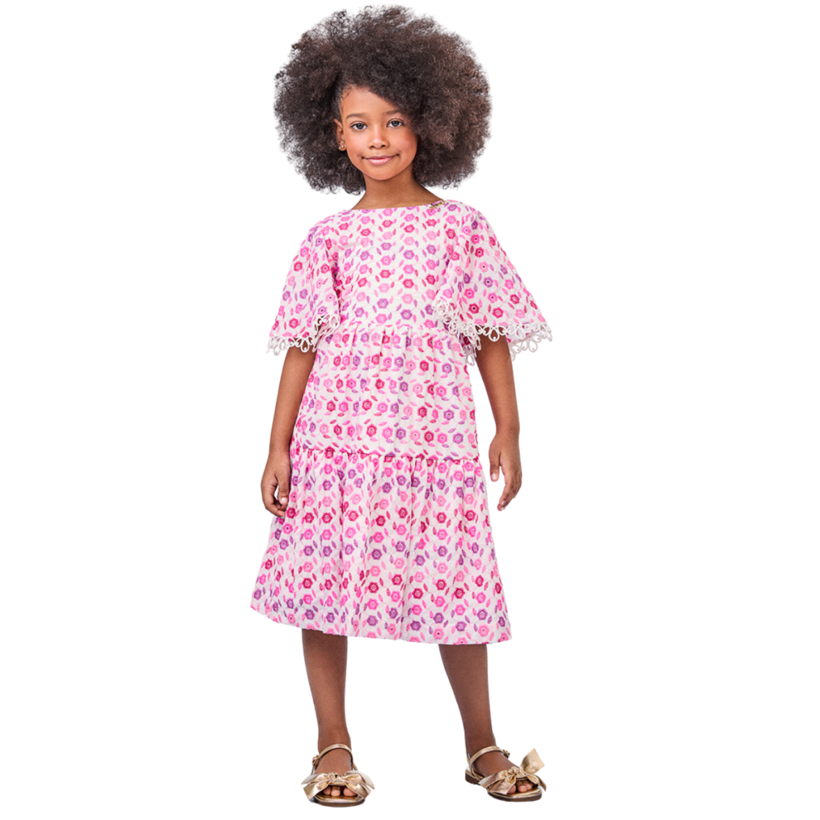 Vestido Infantil Bordado Floral com Laço Animê