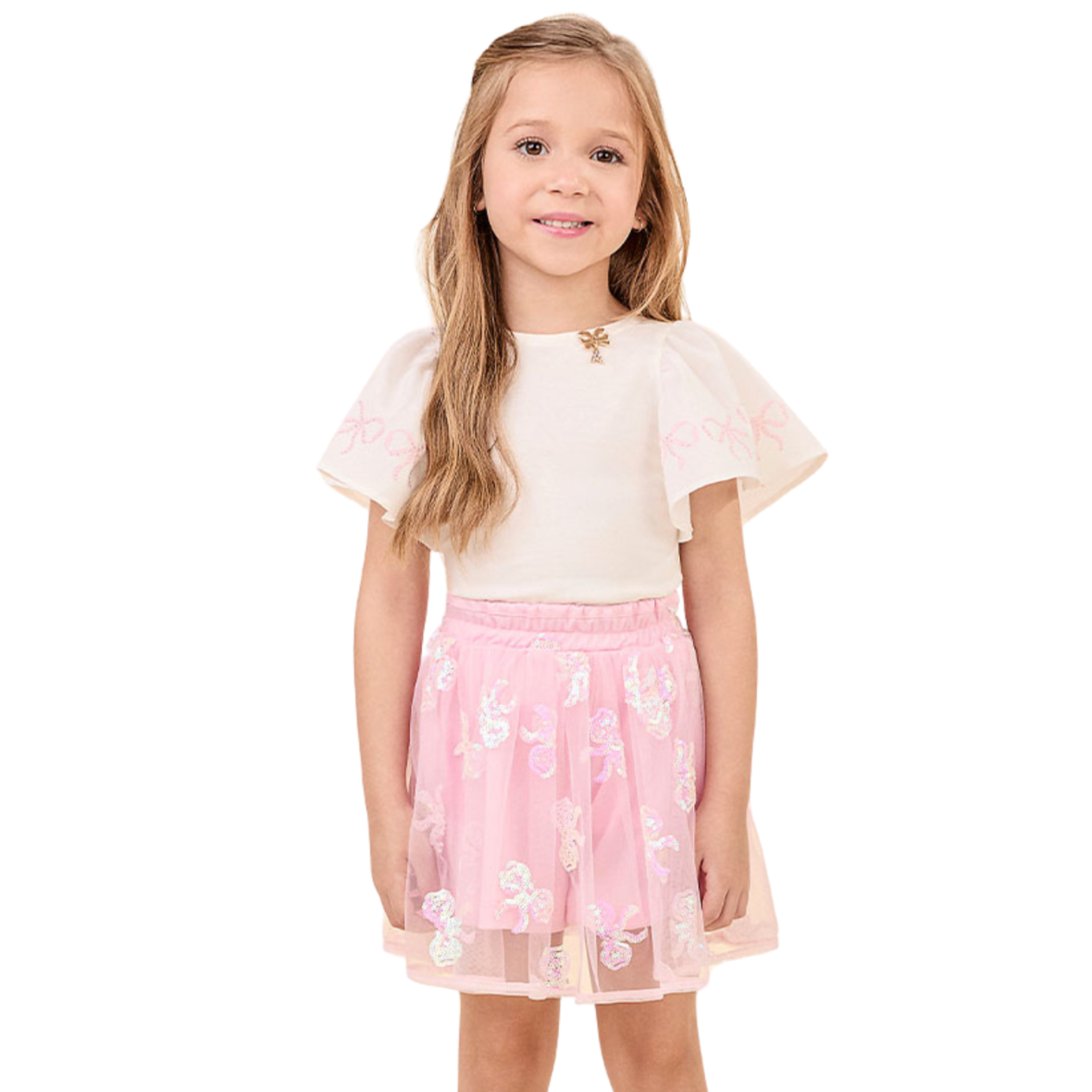 Conjunto Infantil de Tule Rosa com Laço de Paetê Animê