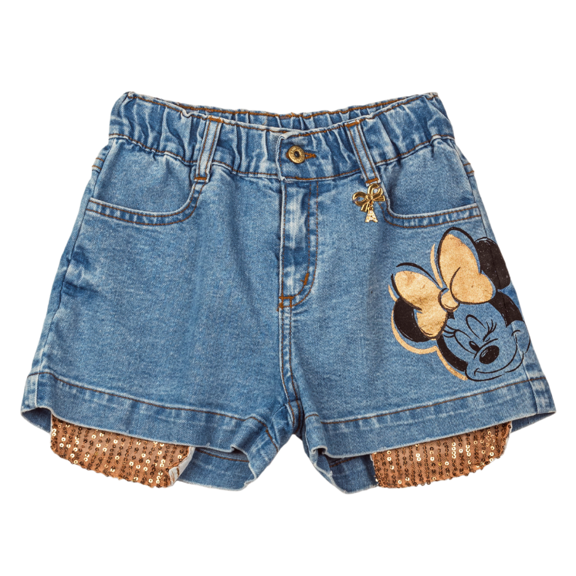 Short Infantil Jeans com Bolso de Paetês Dourados Animê