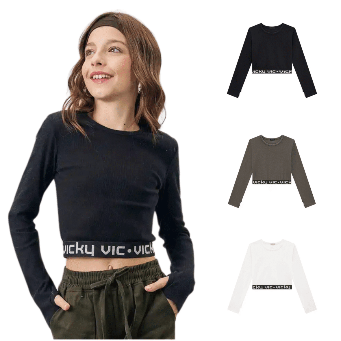 Blusa Juvenil Cropped em Canelado Vic&Vicky
