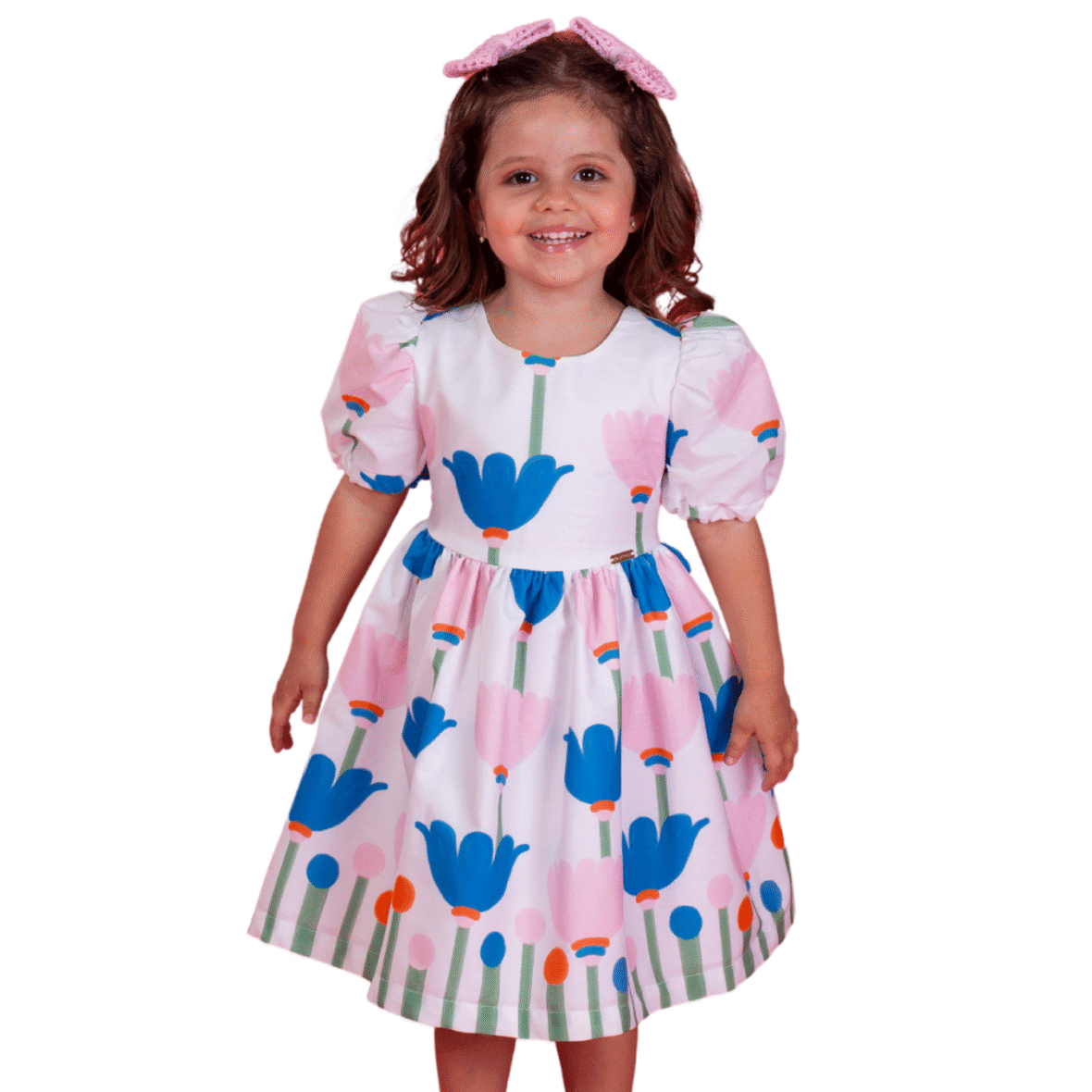Vestido Infantil Barrado Flor Luz Precoce