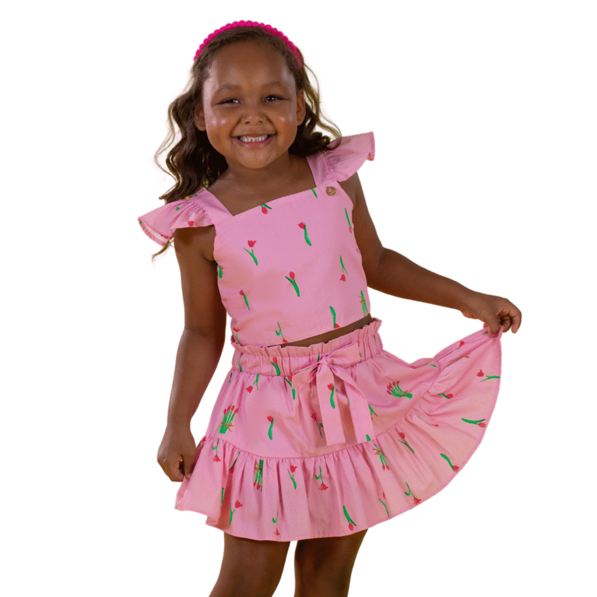 Conjunto Infantil Estampa Buquê de Tulipa Rosa Precoce