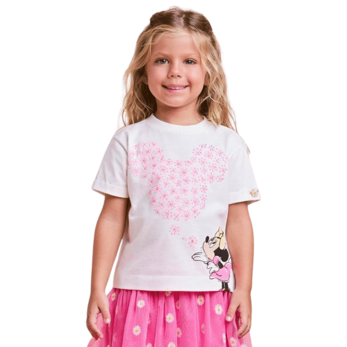 Blusa Infantil Off da Minnie com Flores e Strass Animê