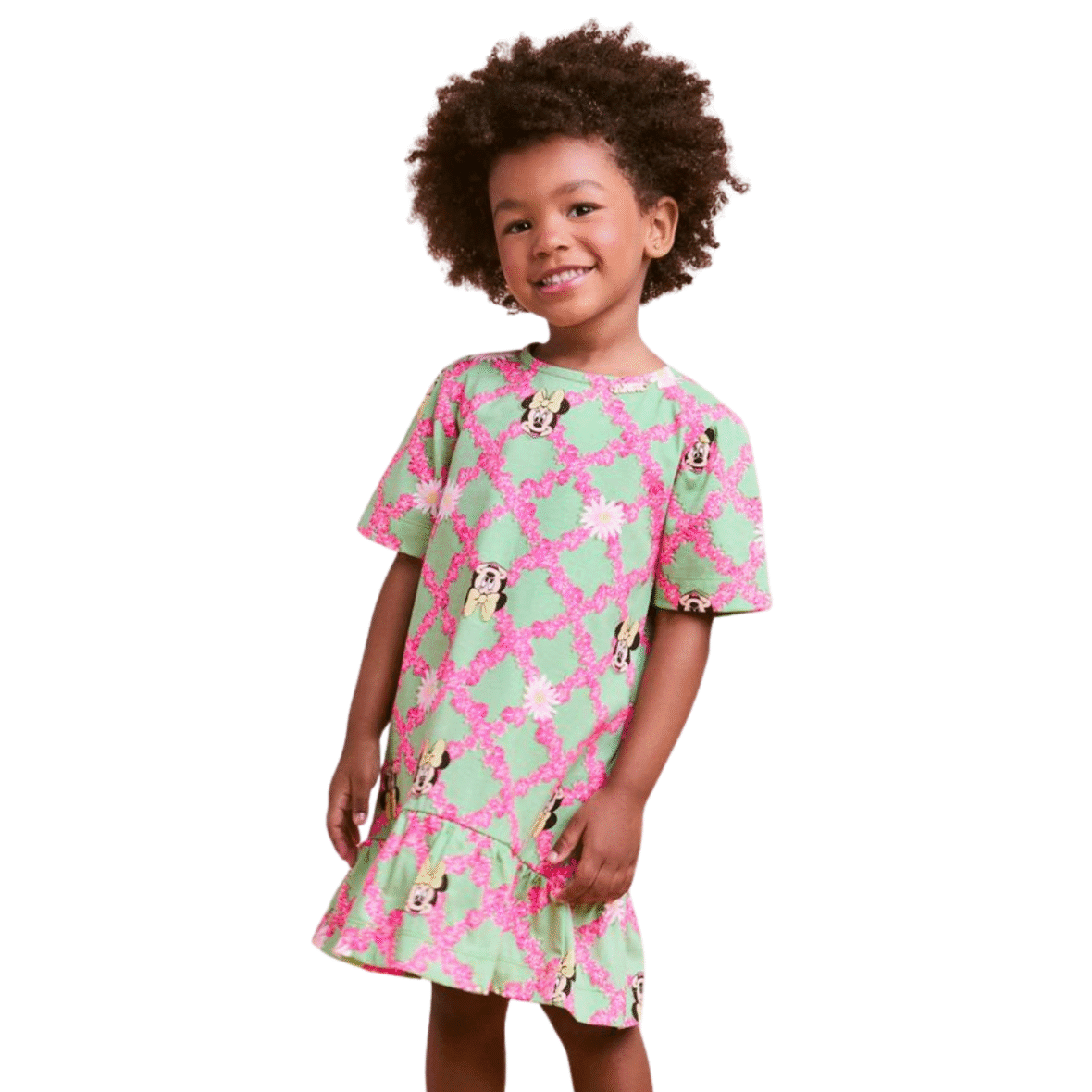 Vestido Infantil Verde com Grid Floral da Minnie Animê