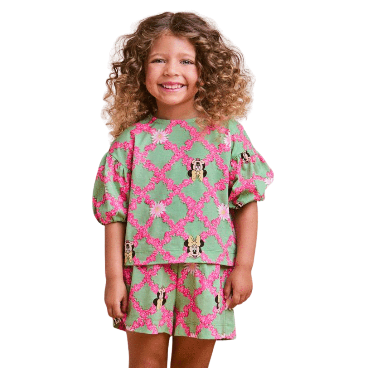 Conjunto Infantil Verde com Grid Floral da Minnie Animê