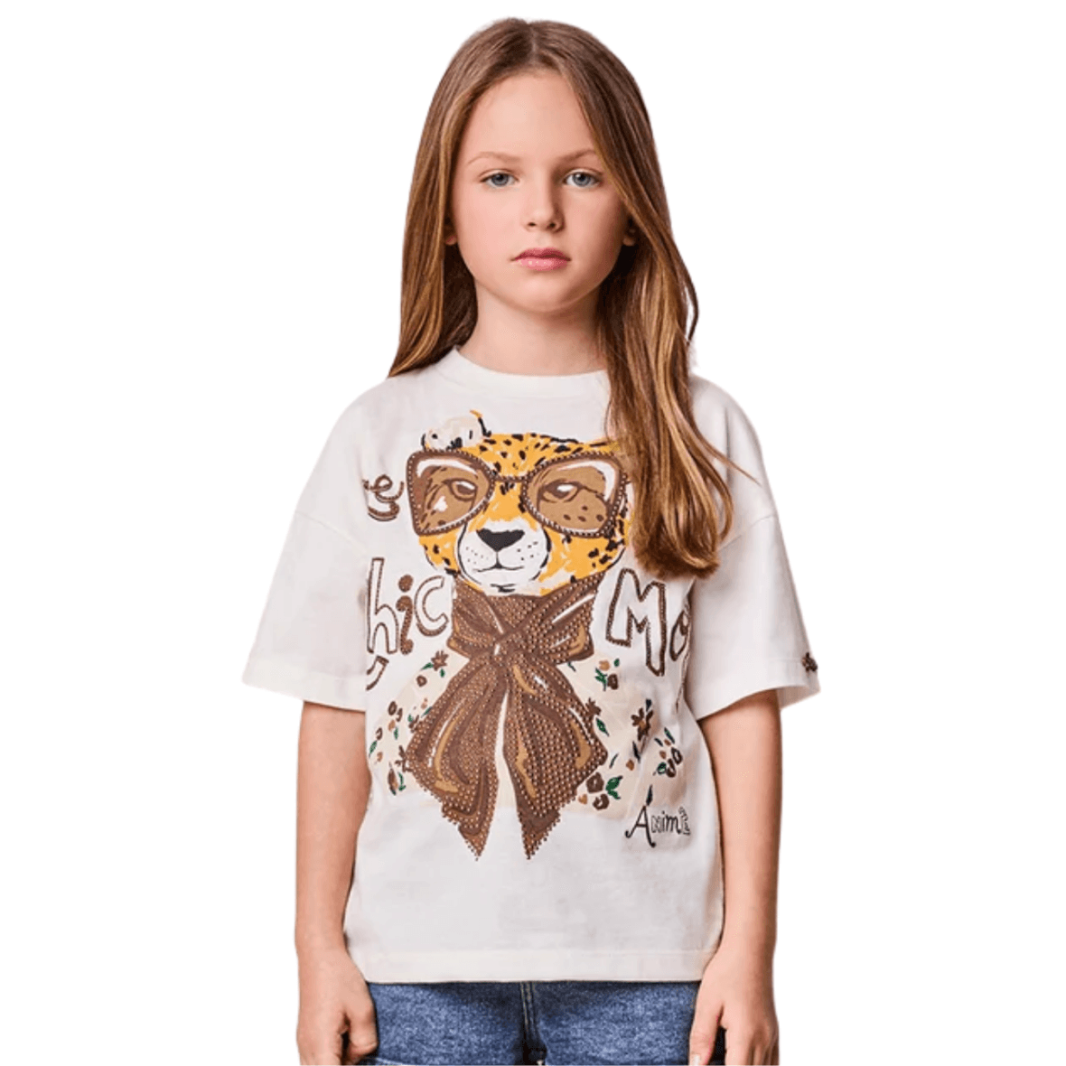 Blusa Infantil Animal Print com Strass Animê