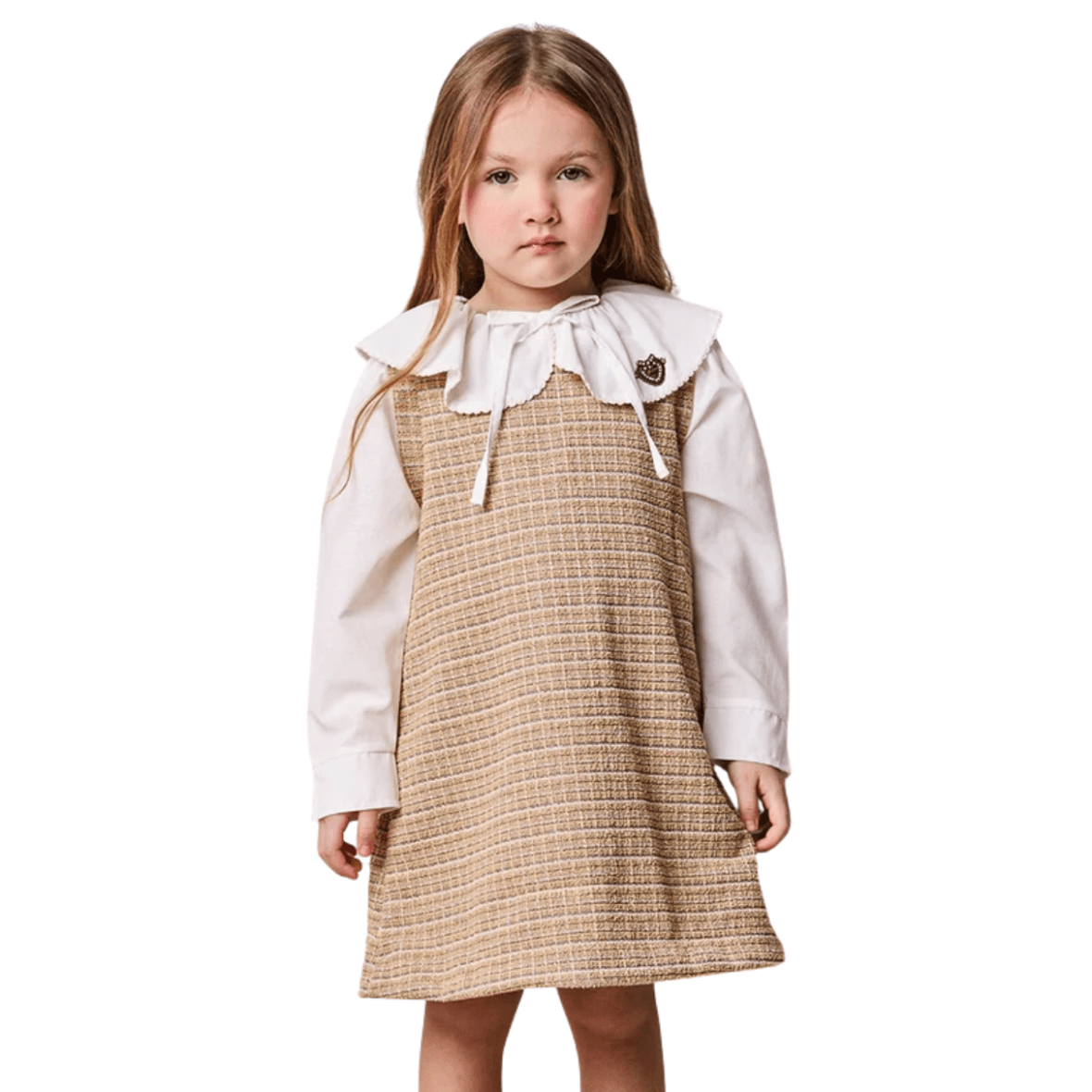 Vestido Infantil de Tweed com Gola Animê