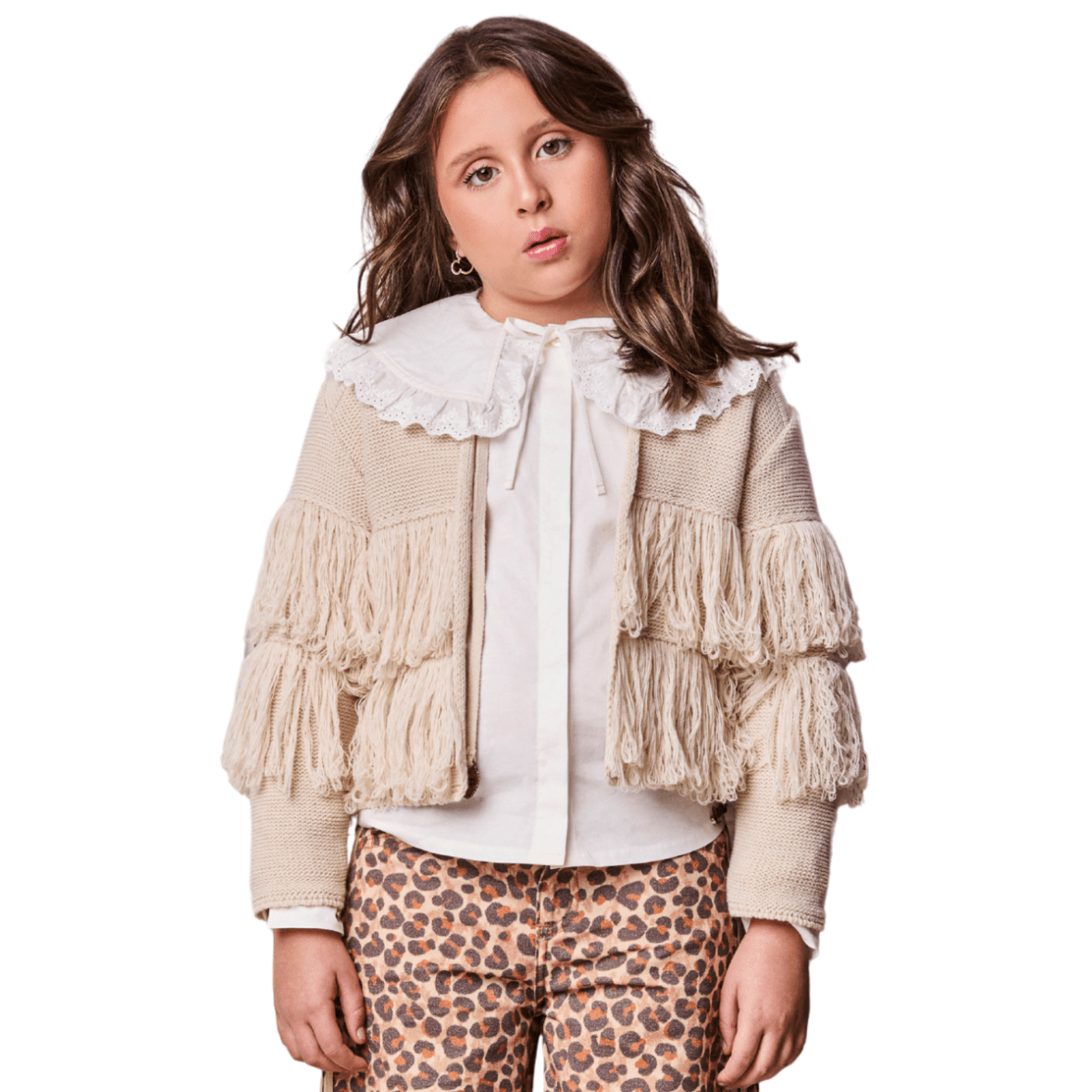 Cardigã Infantil de Tricot com Franjas e Laço com Ponteiras Animê