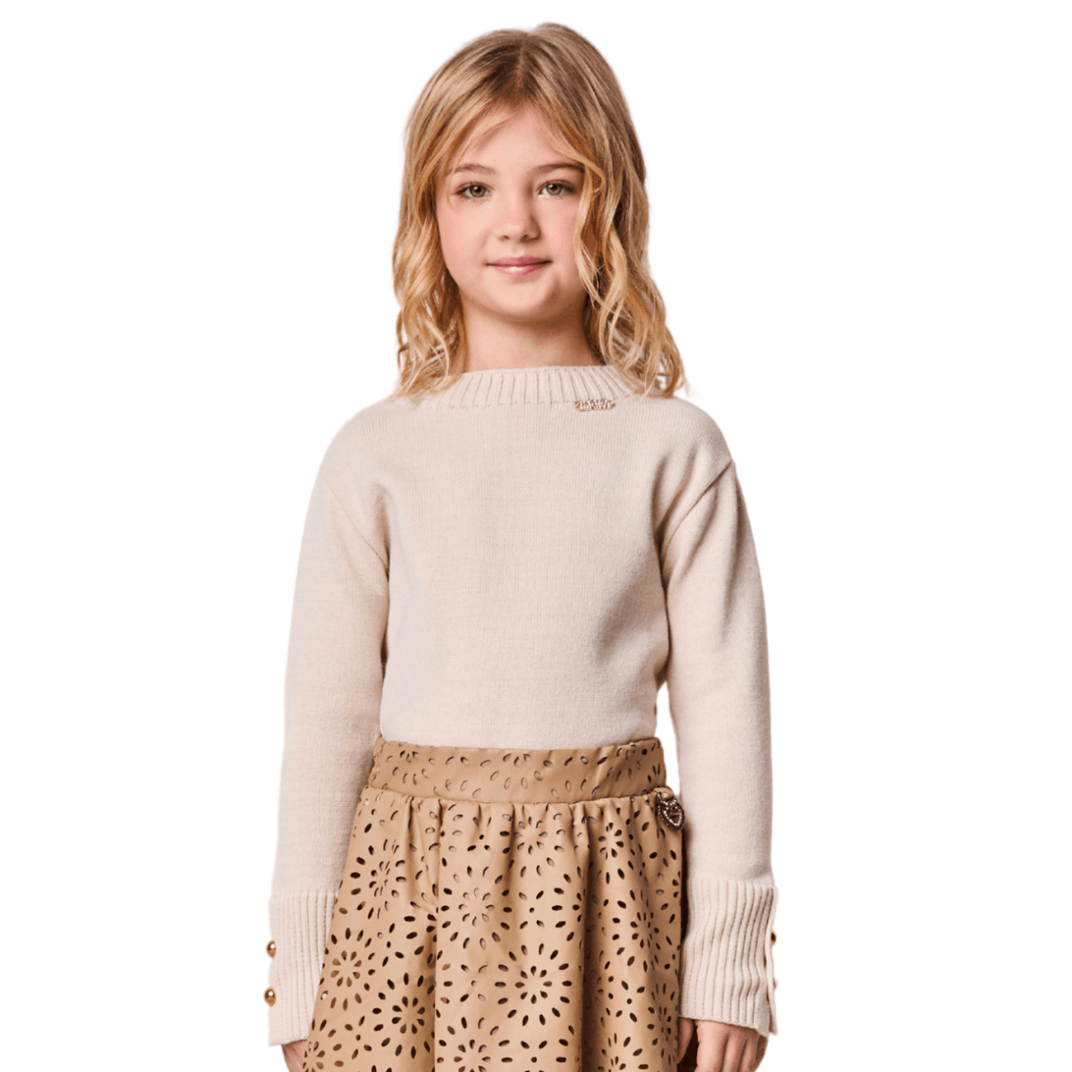 Blusa Infantil de Tricot Bege com Botões Dourados Animê