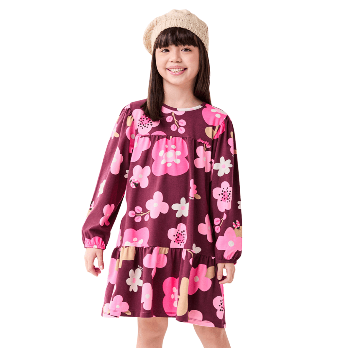 Vestido Infantil Bordô com Flores Bimbi