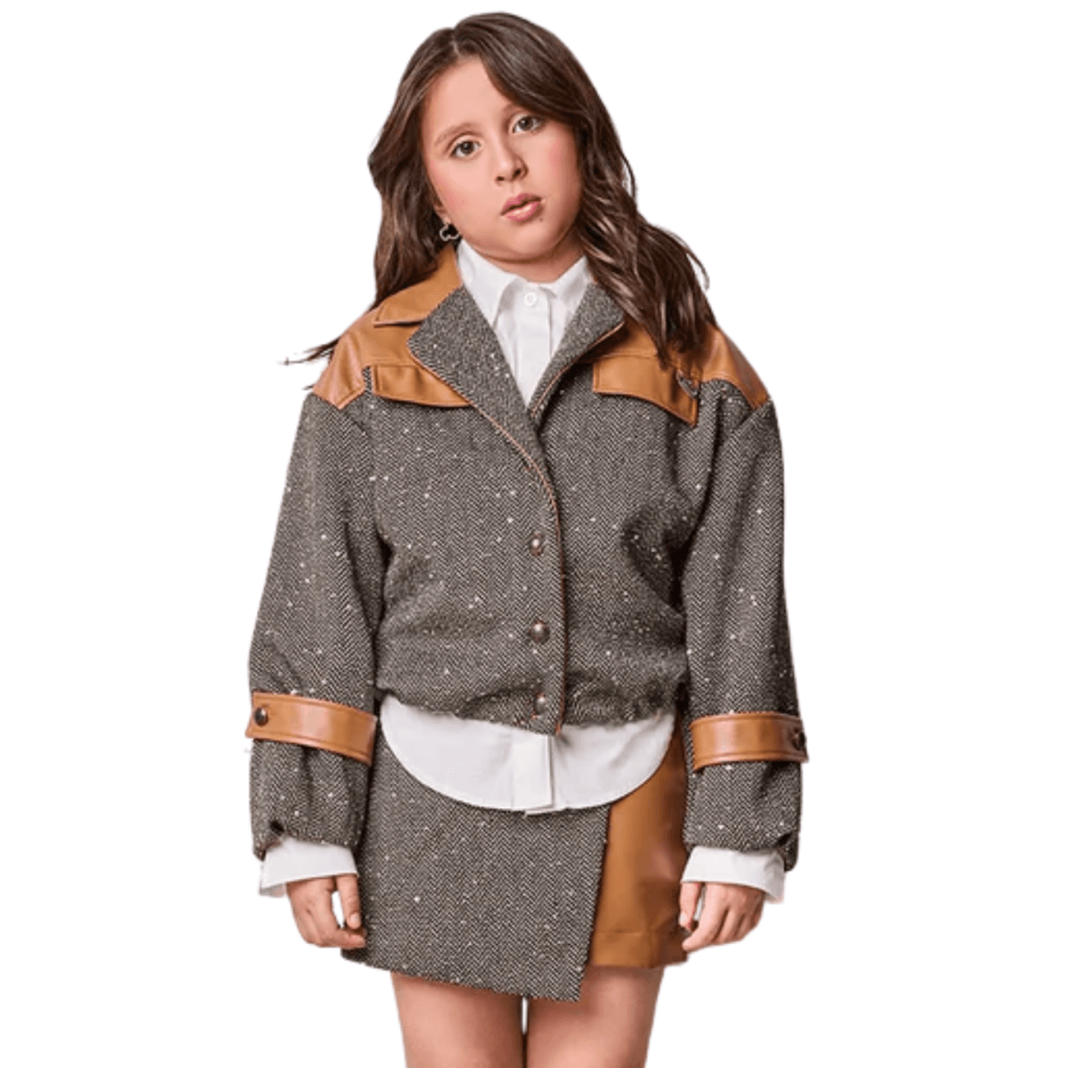 Conjunto Infantil Fake Leather com Tweed Animê