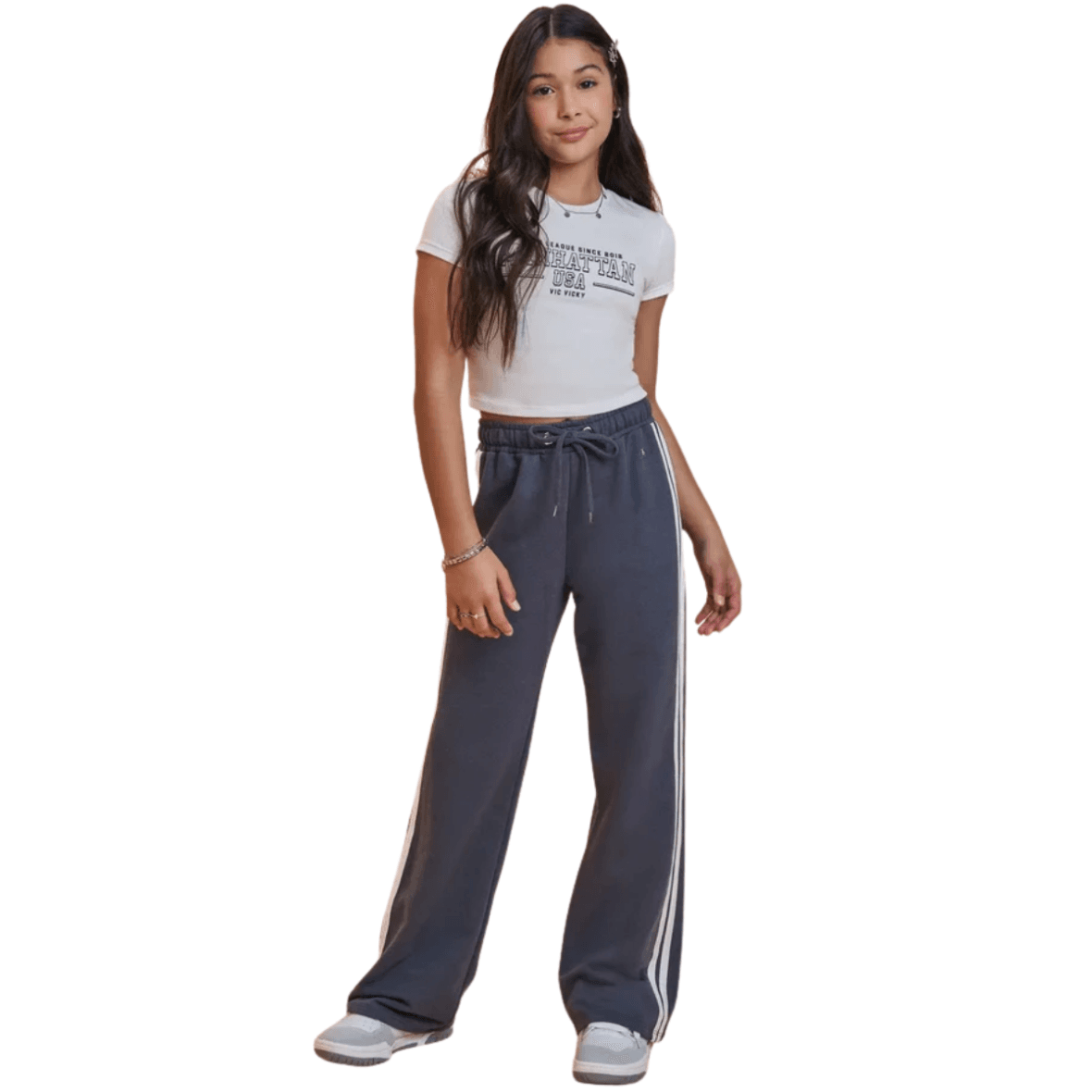 Conjunto Juvenil Blusa Cropped e Calça Wide Vic&Vicky