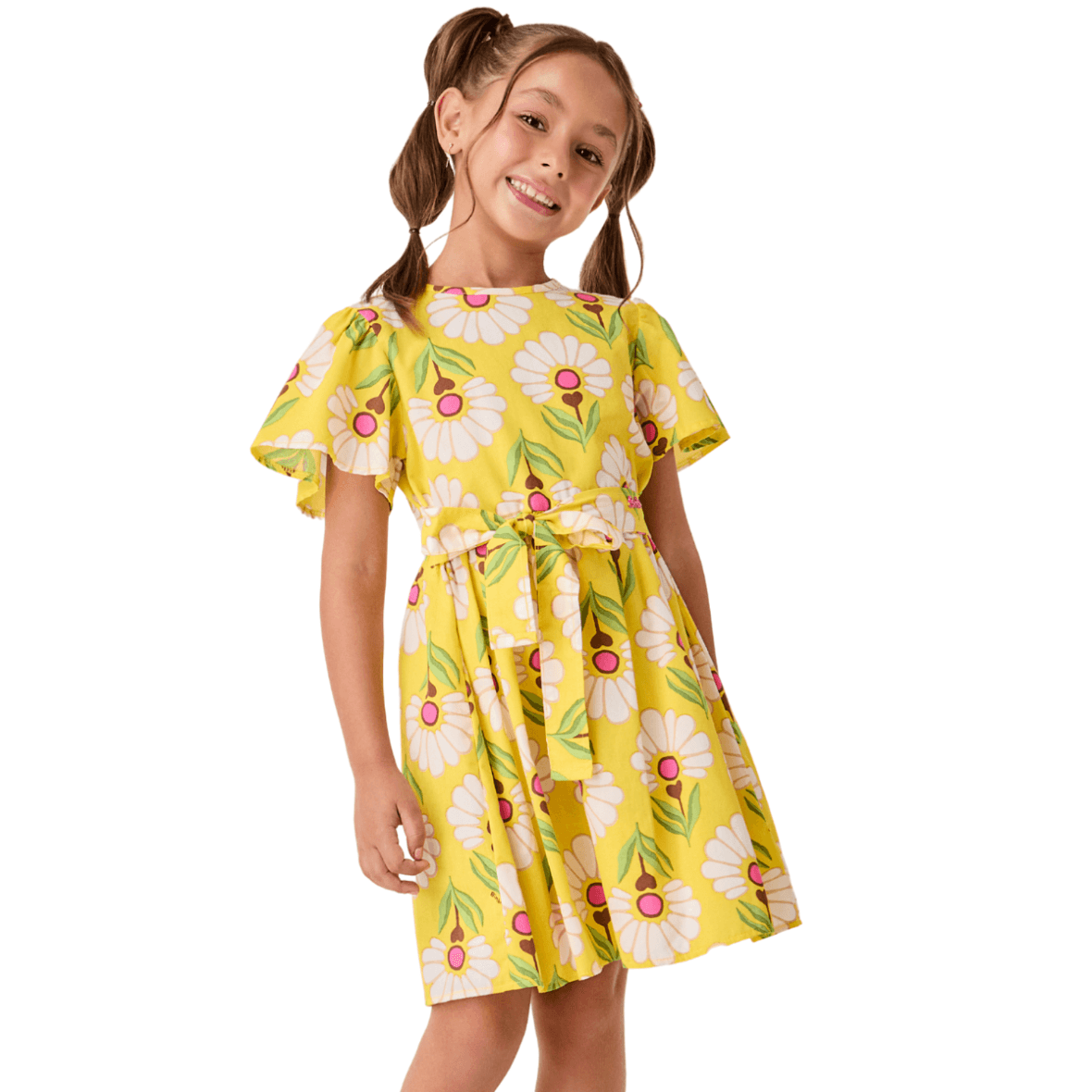 Vestido Infantil Amarelo com Flores Retrô Bimbi
