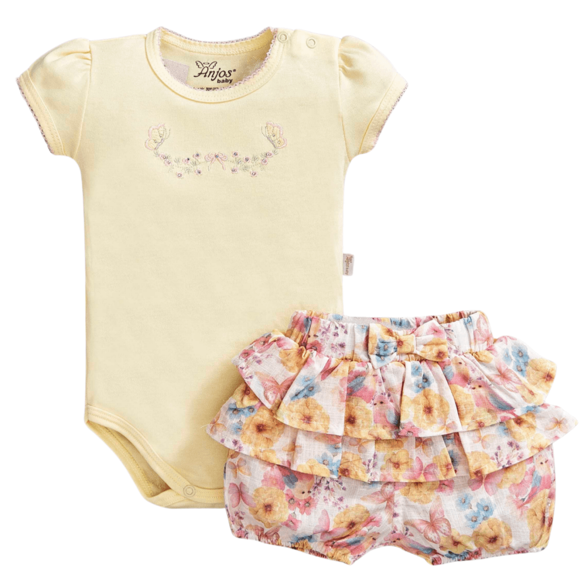 Conjunto Bebê Menina Body e Short Floral Anjos Baby