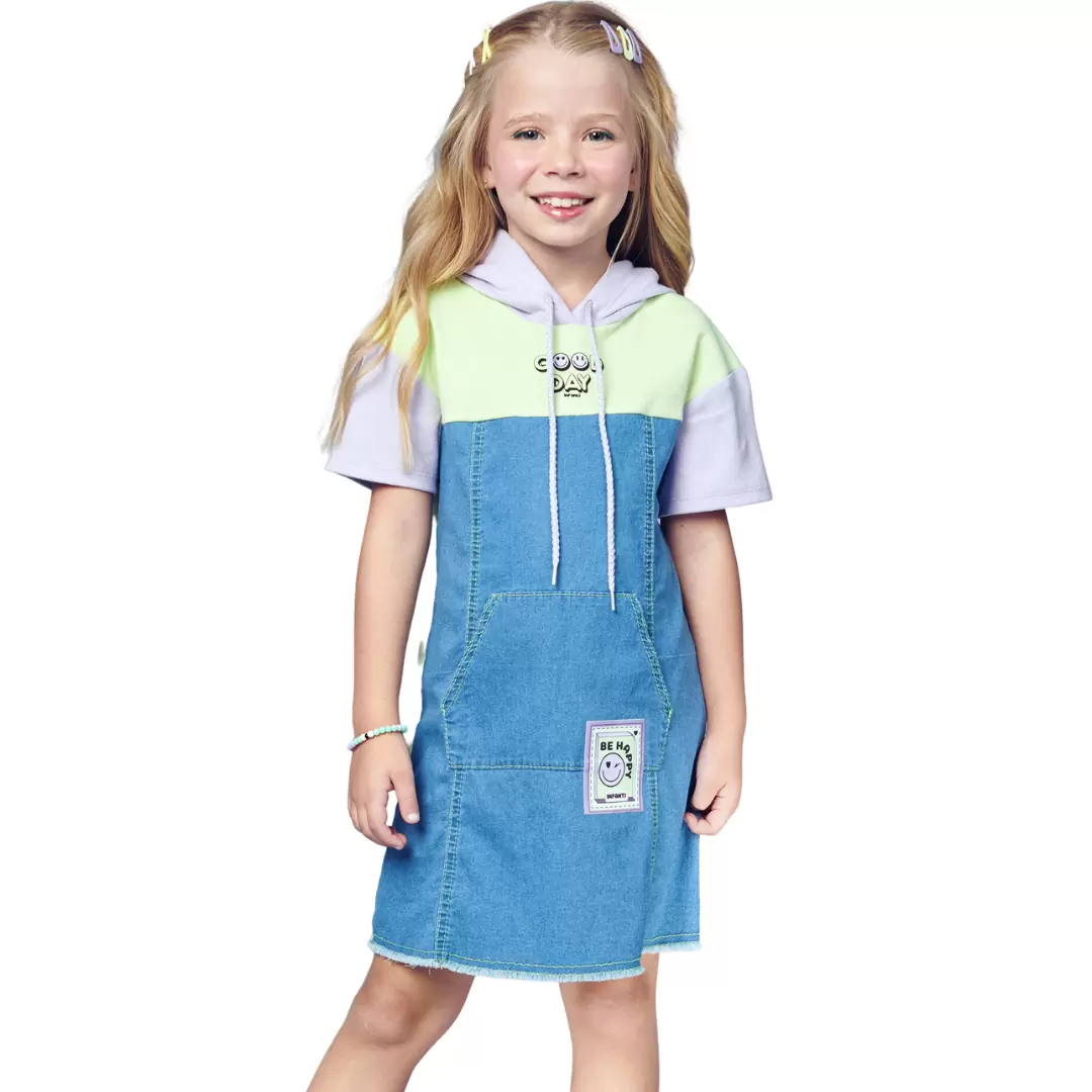 Vestido Infantil Jeans Color com Capuz Infanti