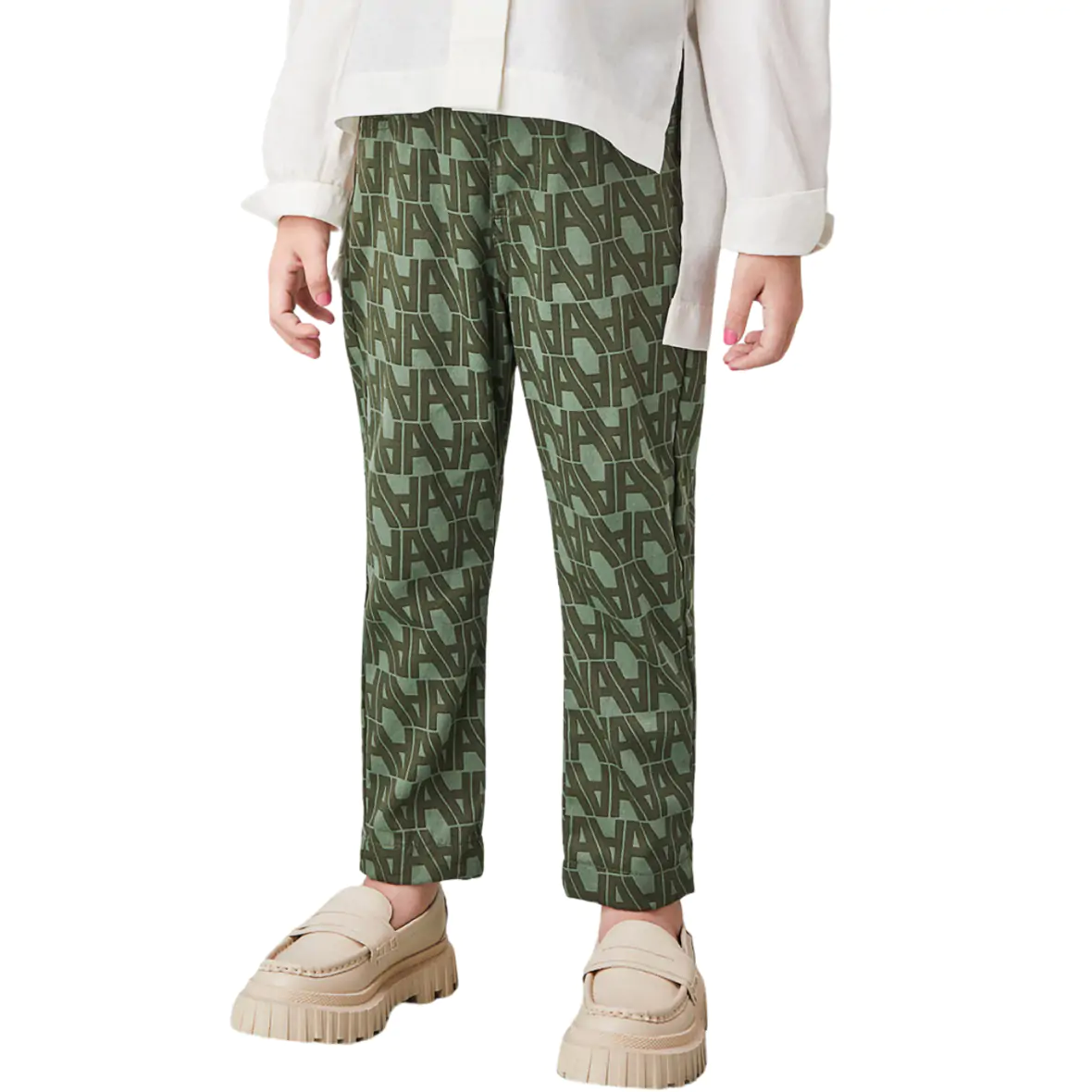 Calça Infantil Sarja Estampada Verde Militar Animê