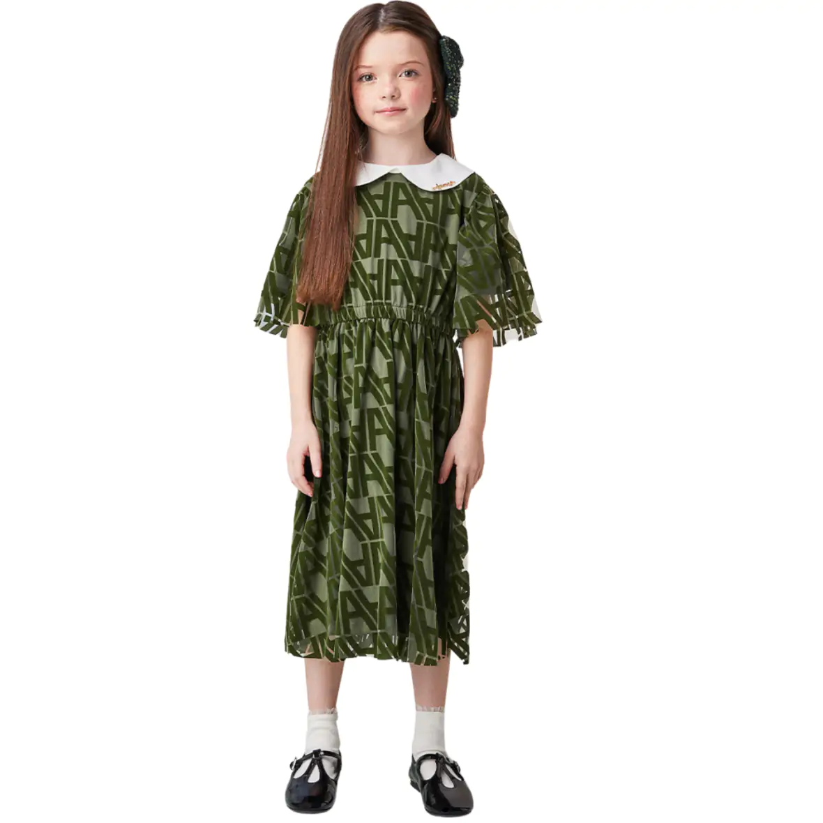 Vestido Infantil Verde de Tule com Gola Animê