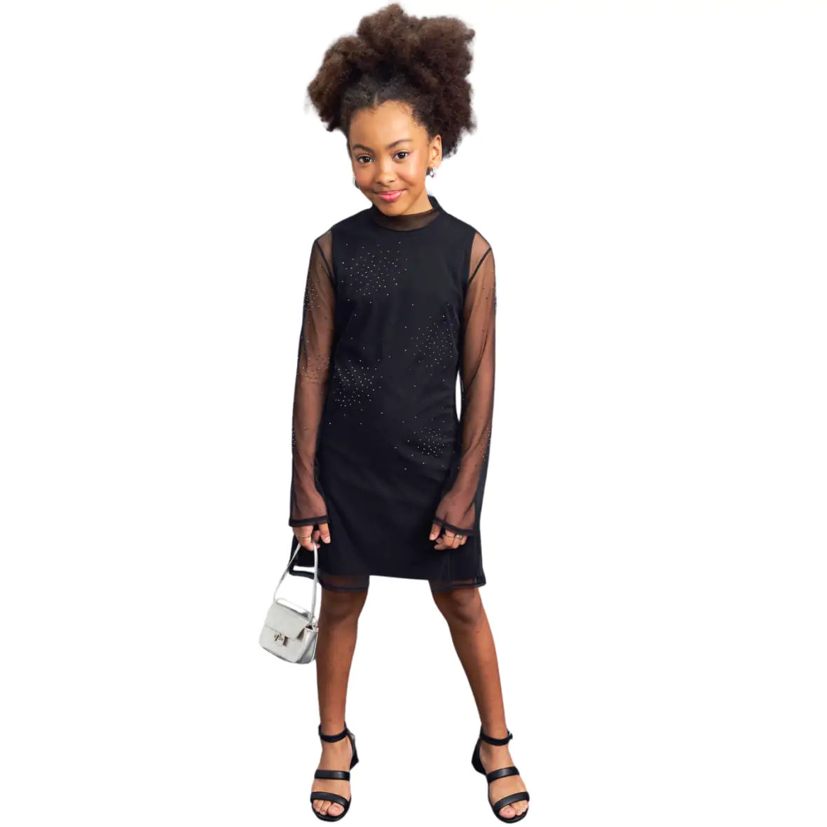 Vestido Juvenil Canelado com Sobreposição em Tule Vic&Vicky